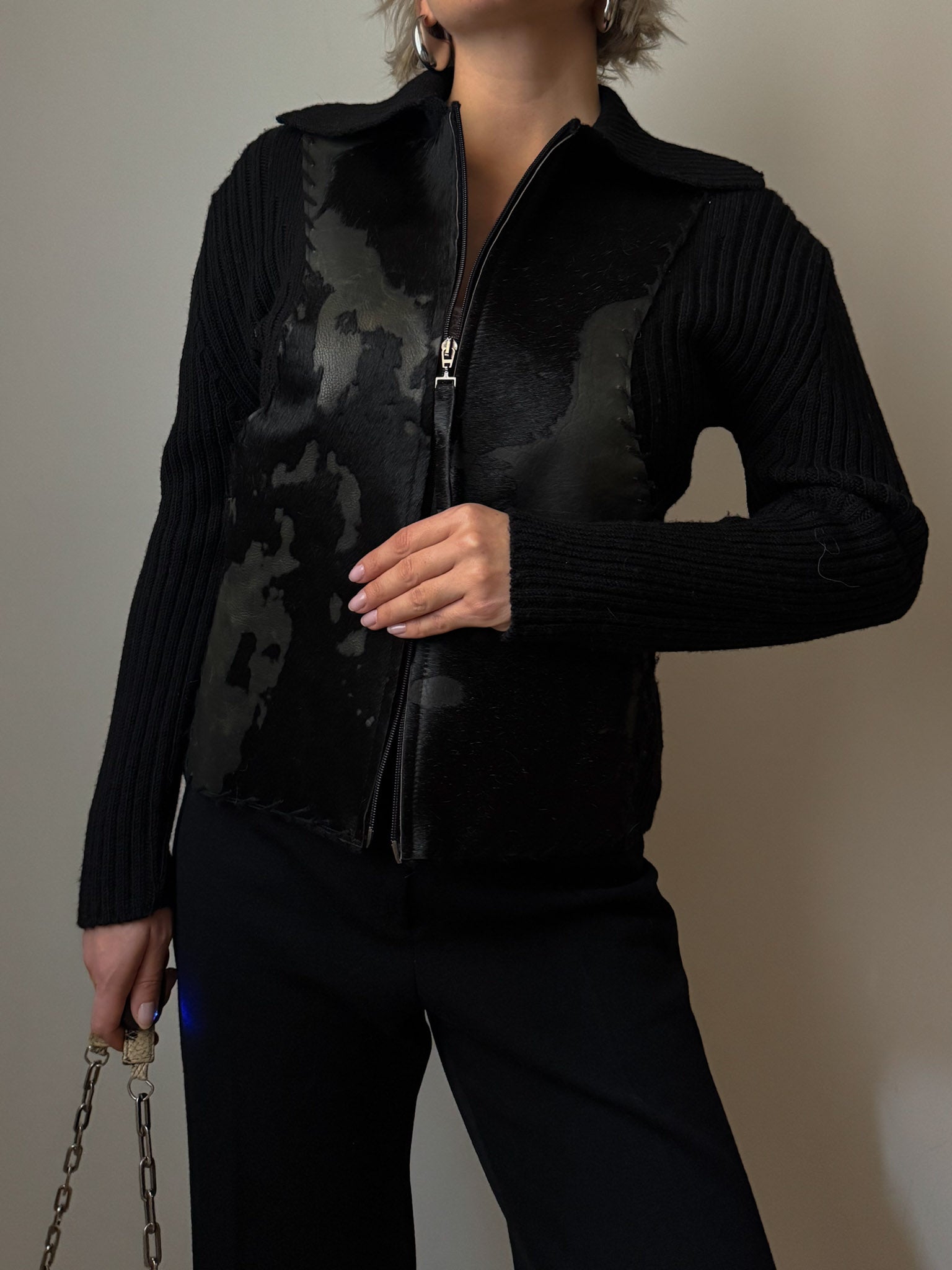 Merino wool and ponyskin cardigan