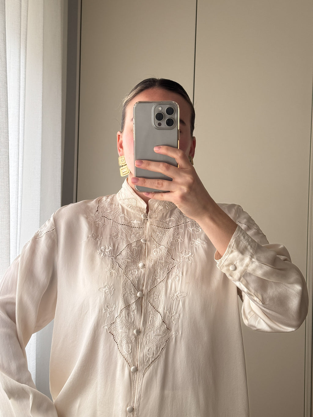 Pure silk embroidered ivory blouse