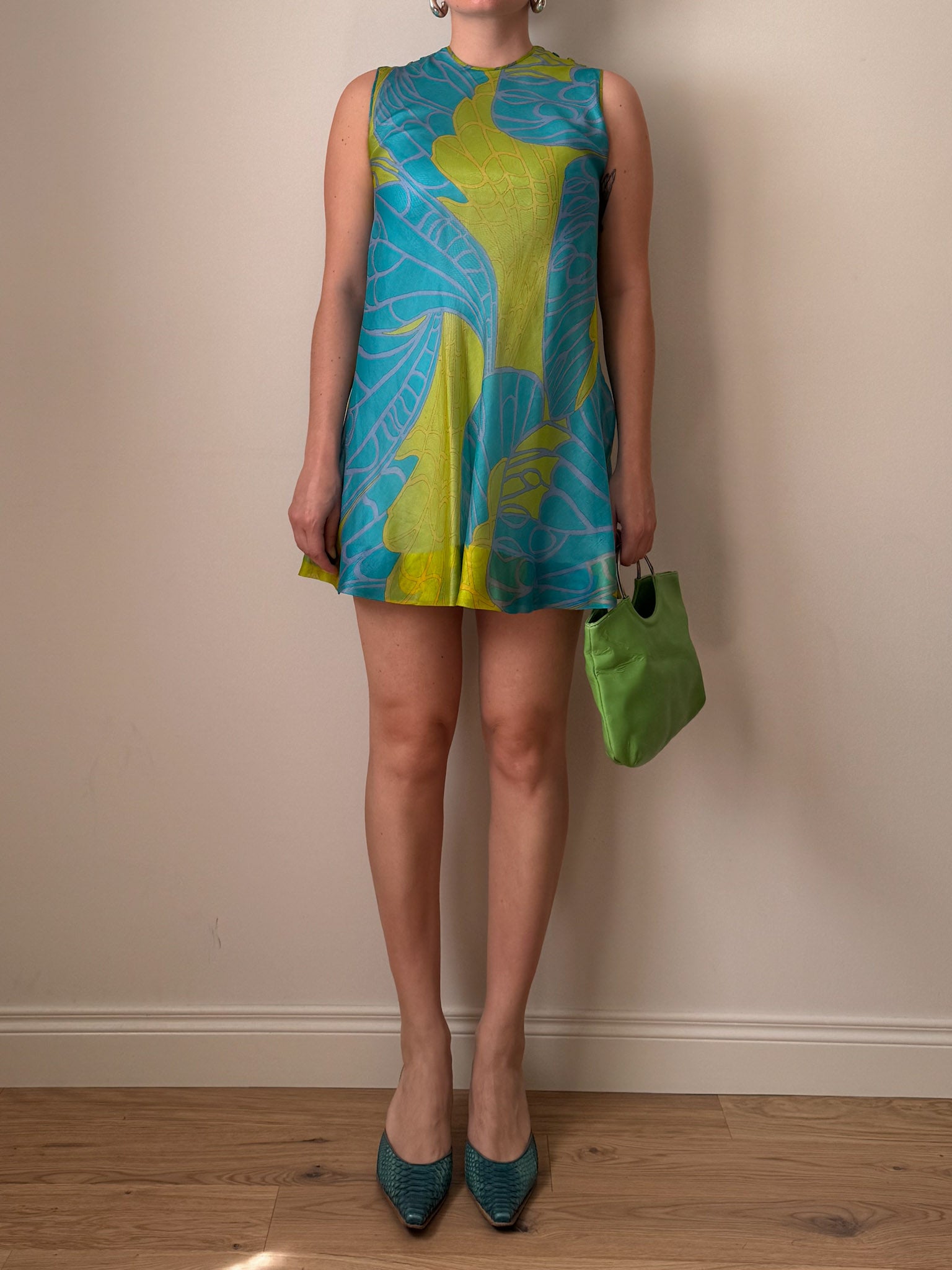 Pure silk sky and green mini dress