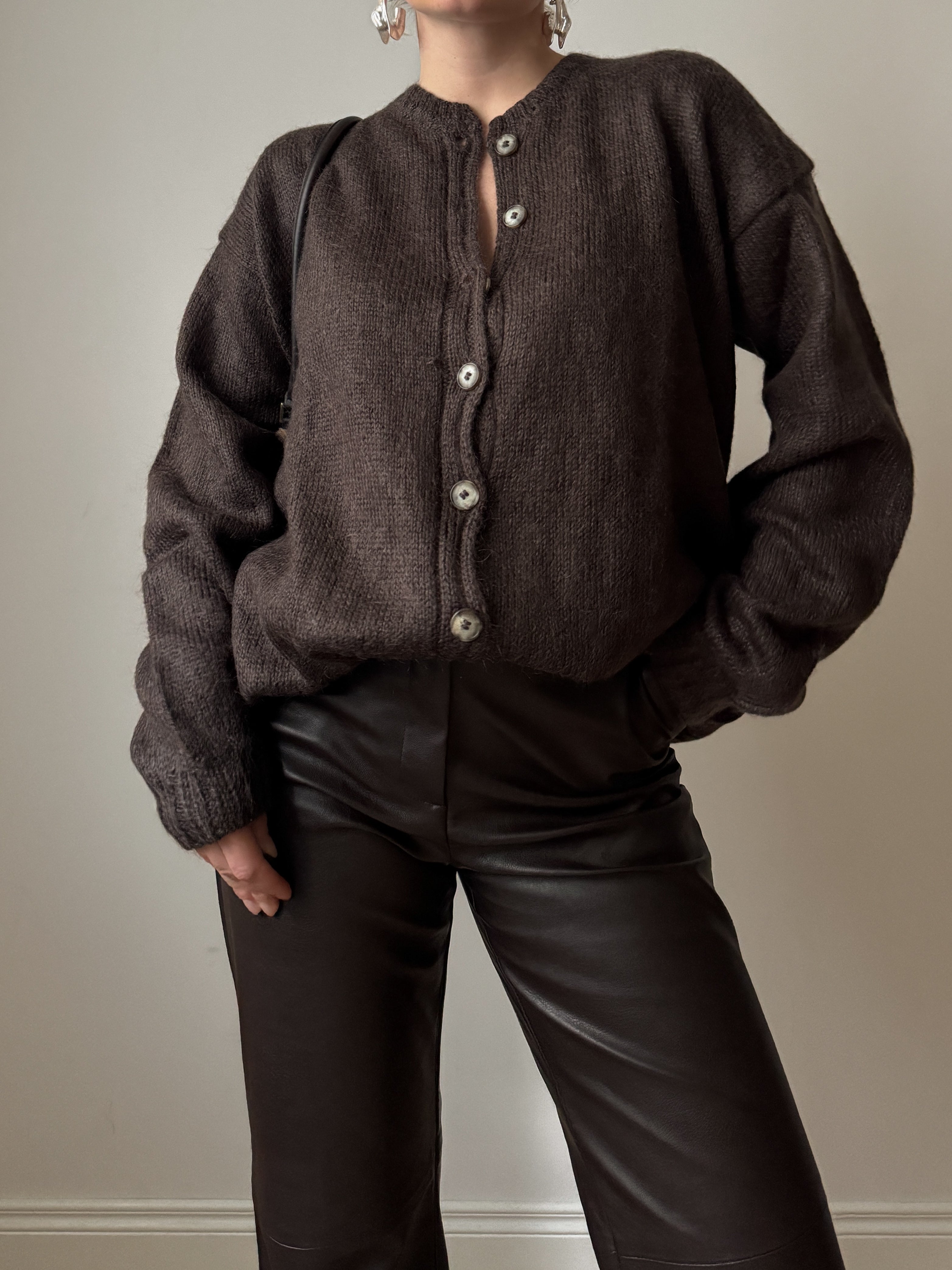 Pure wool embroidered brown cardigan