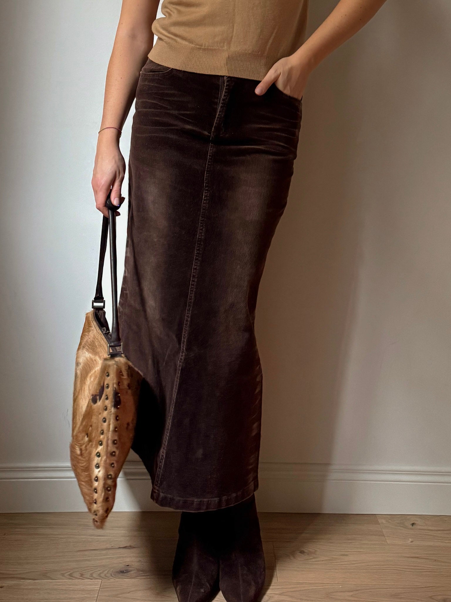 Velvet brown midi skirt