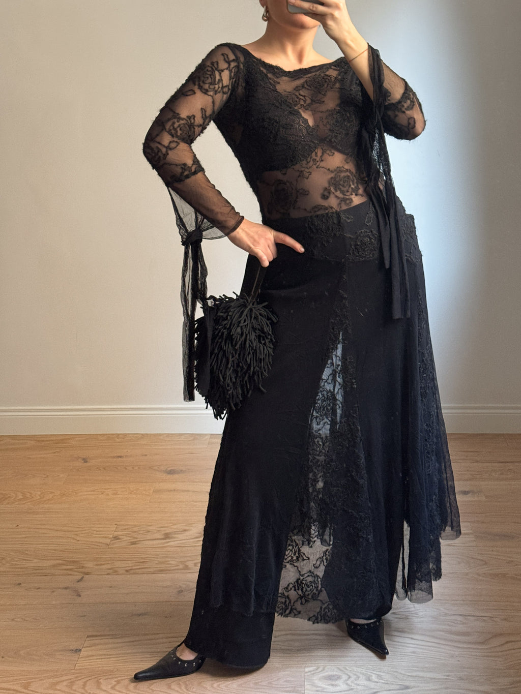 Black semi-sheer lace long dress