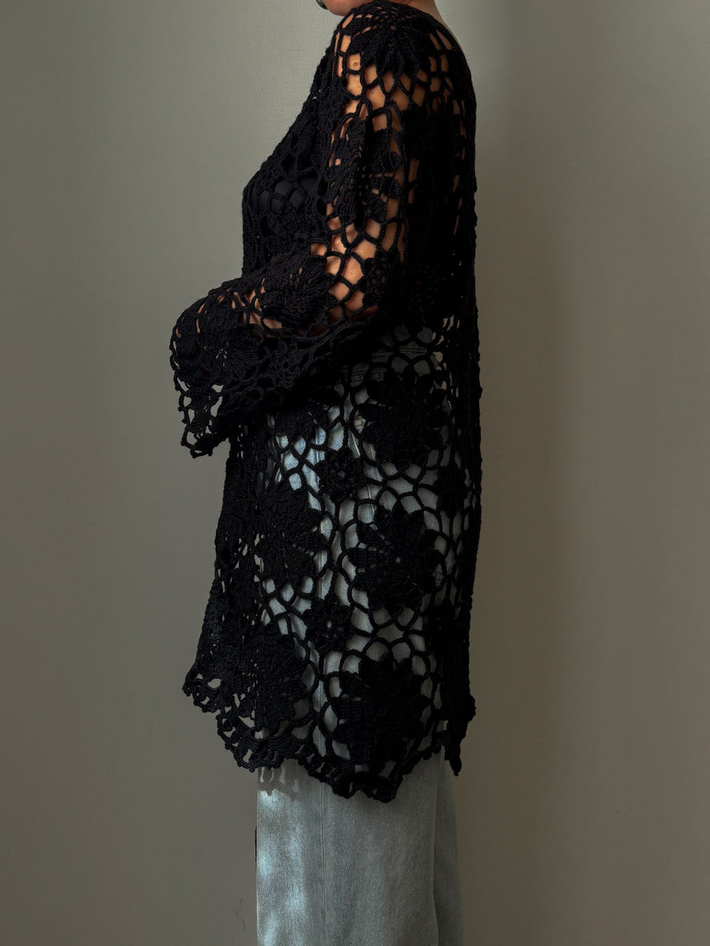 Embroidered crochet black top