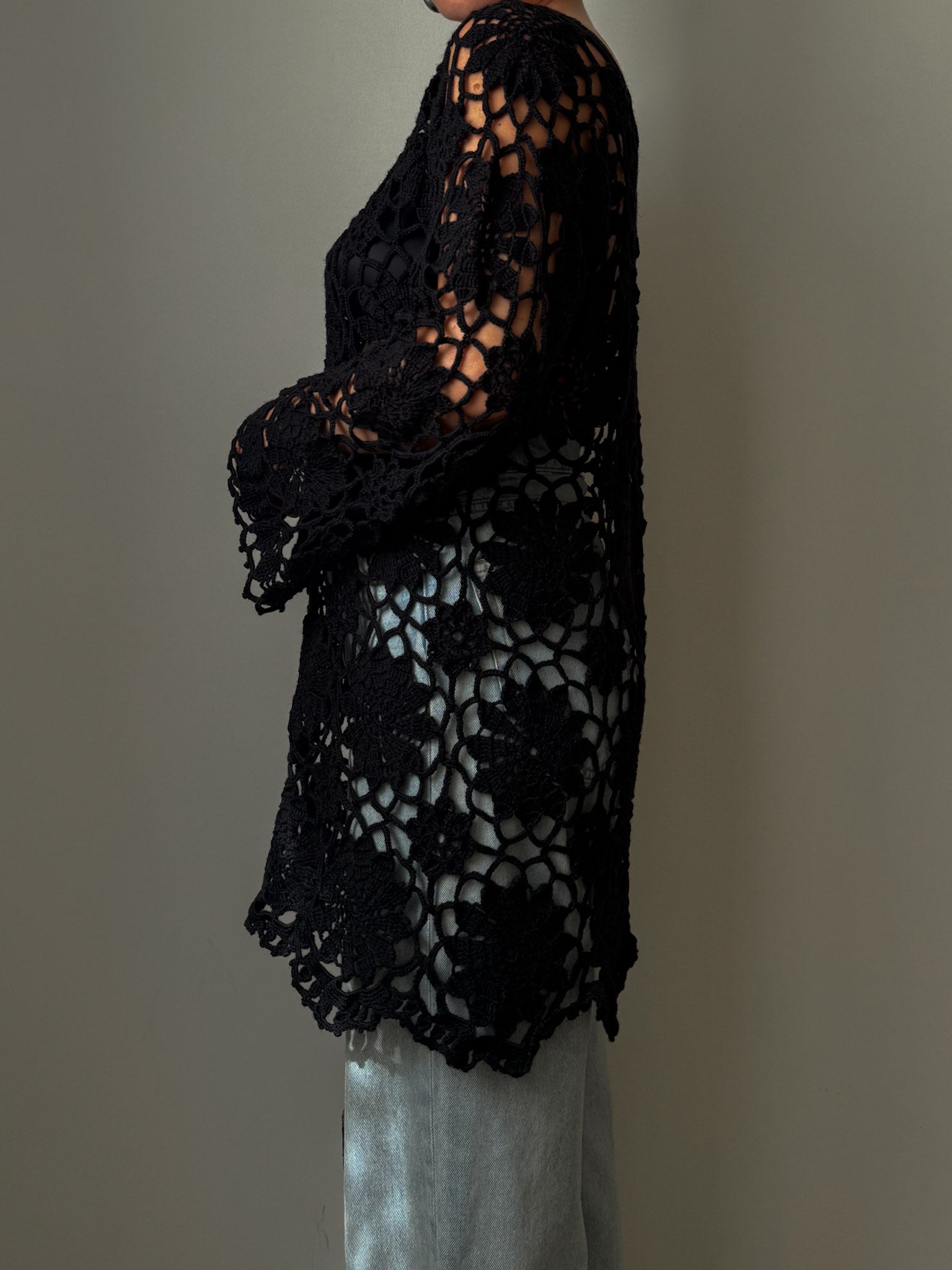Embroidered crochet black top