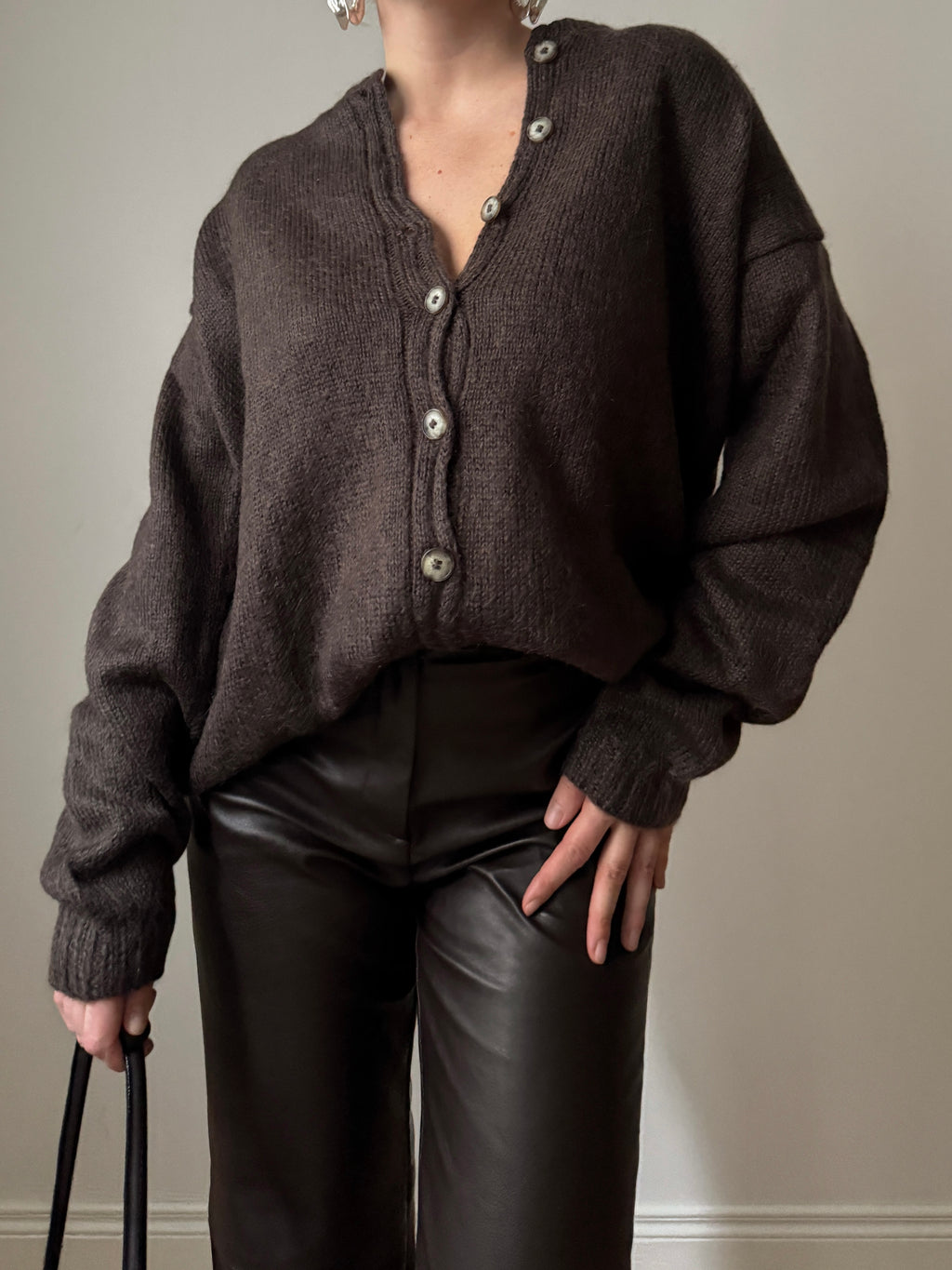 Pure wool embroidered brown cardigan