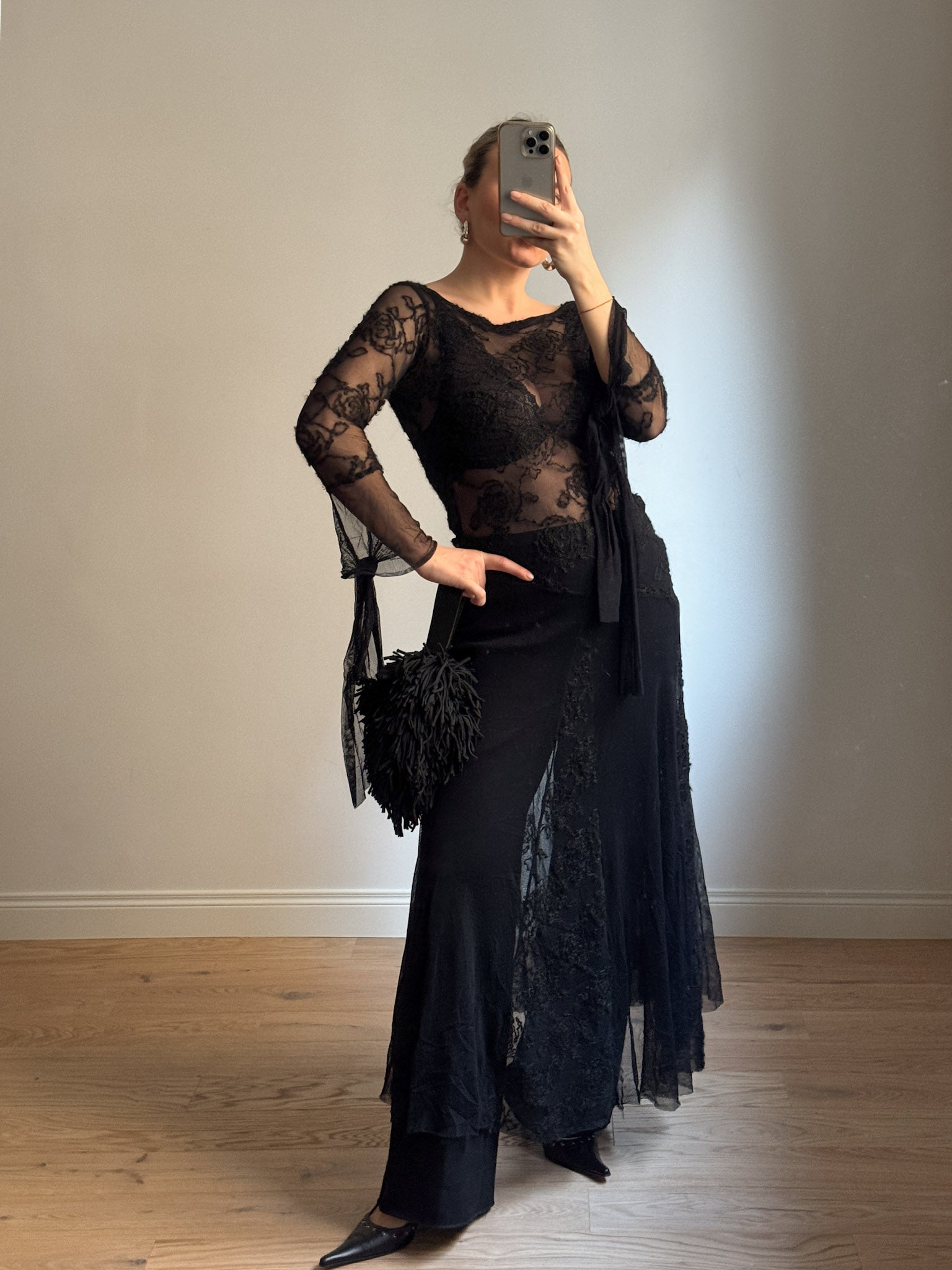 Black semi-sheer lace long dress