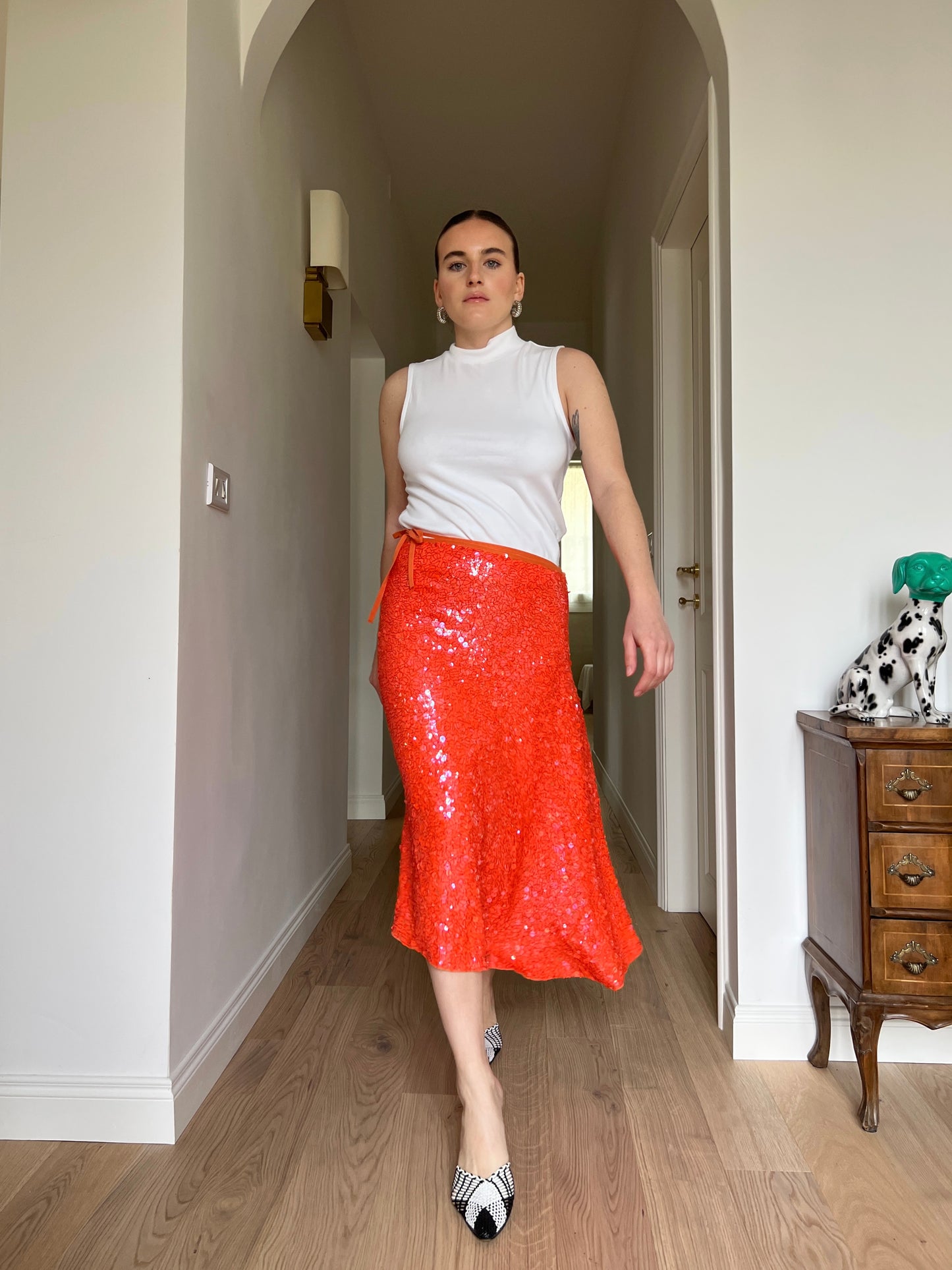 Sequins orange midi skirt