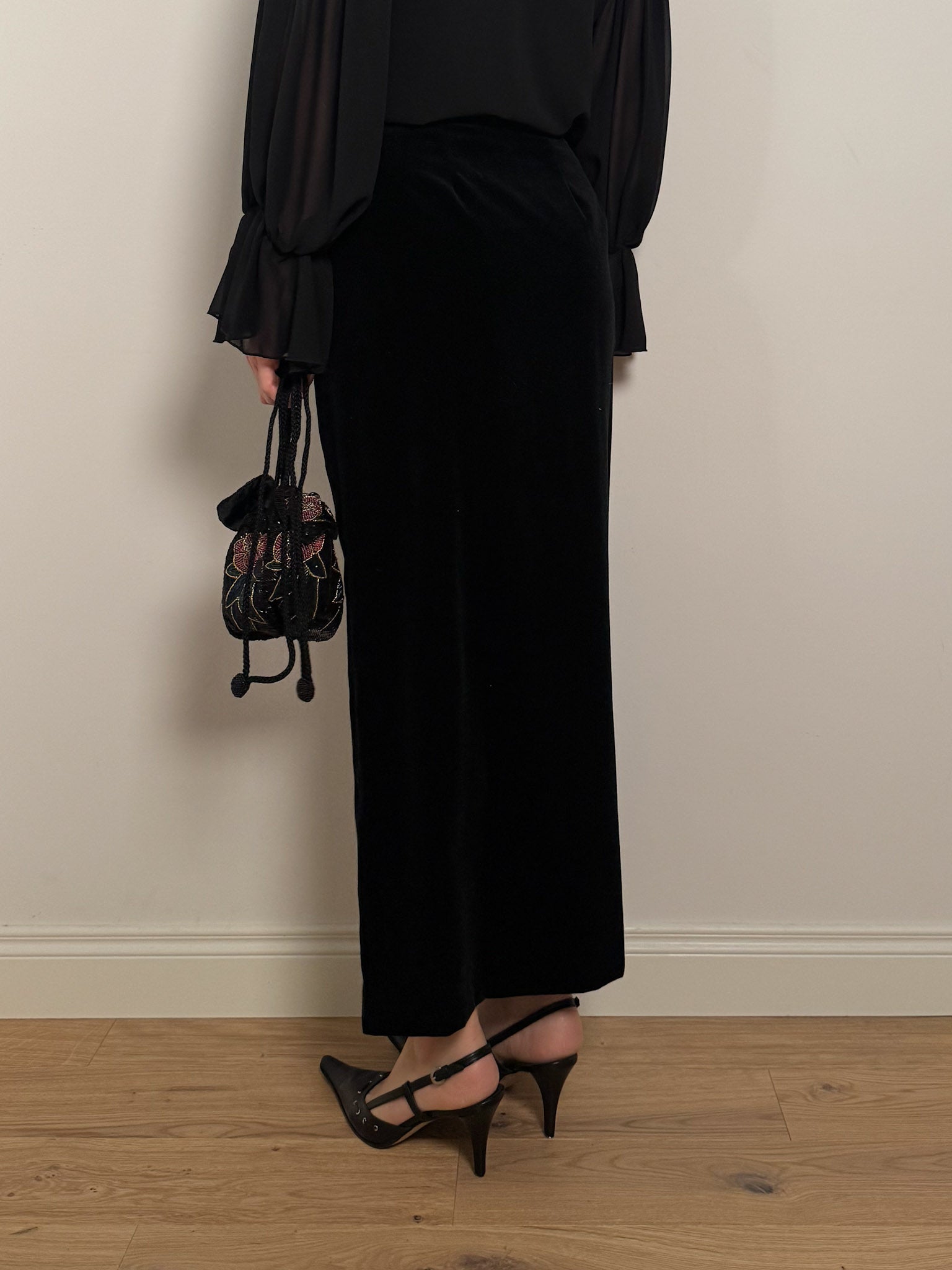 Cotton velvet black long skirt