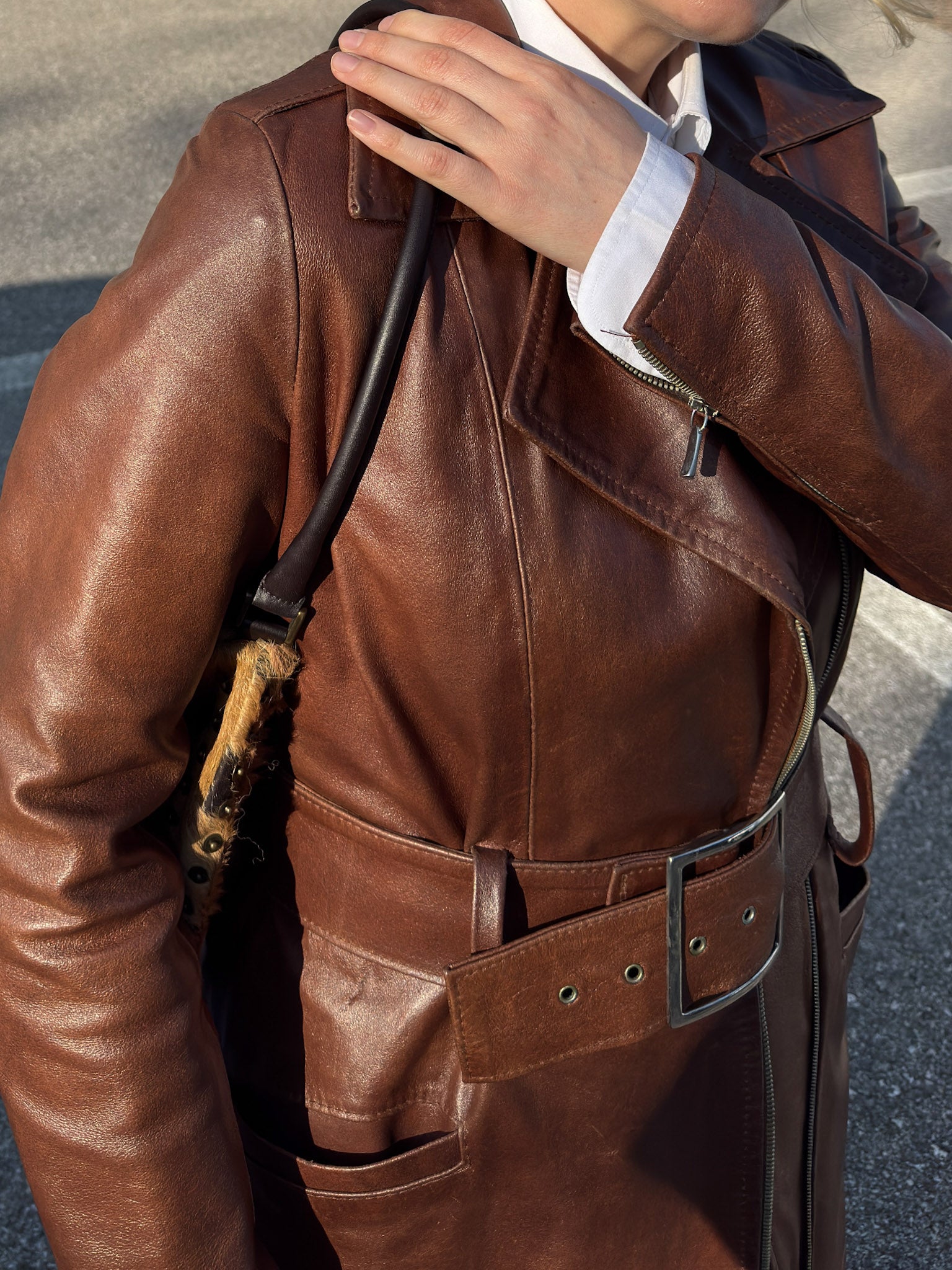 Genuin lather caramel trench coat