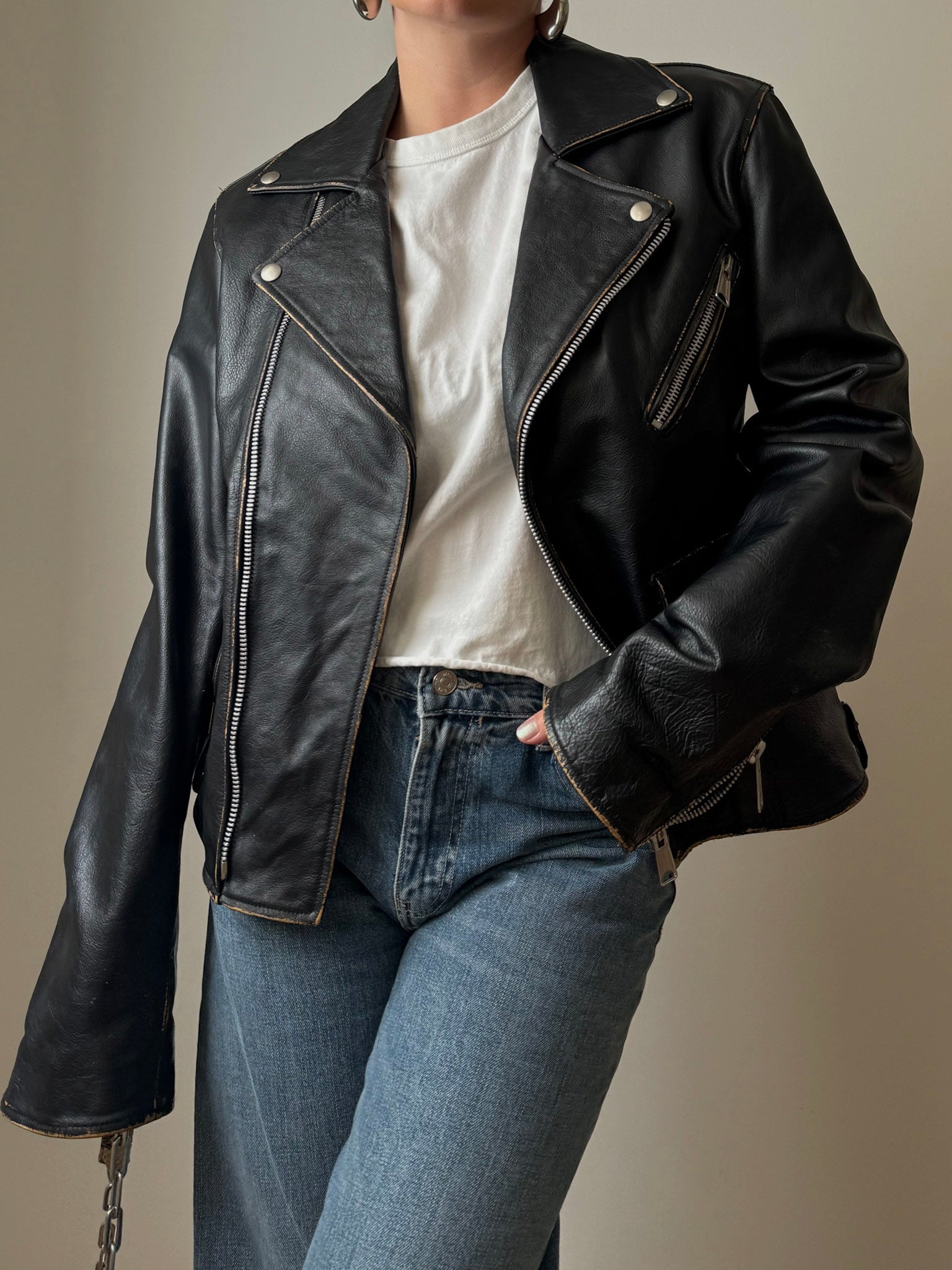 Real leather distressed jacket