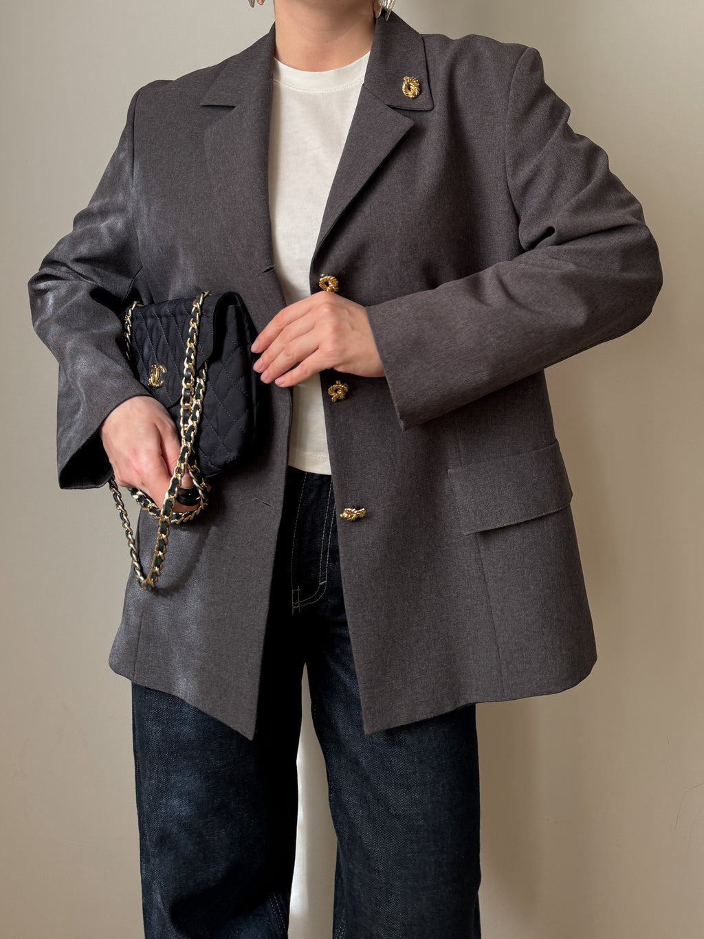 Grey blazer with gold rope buttons