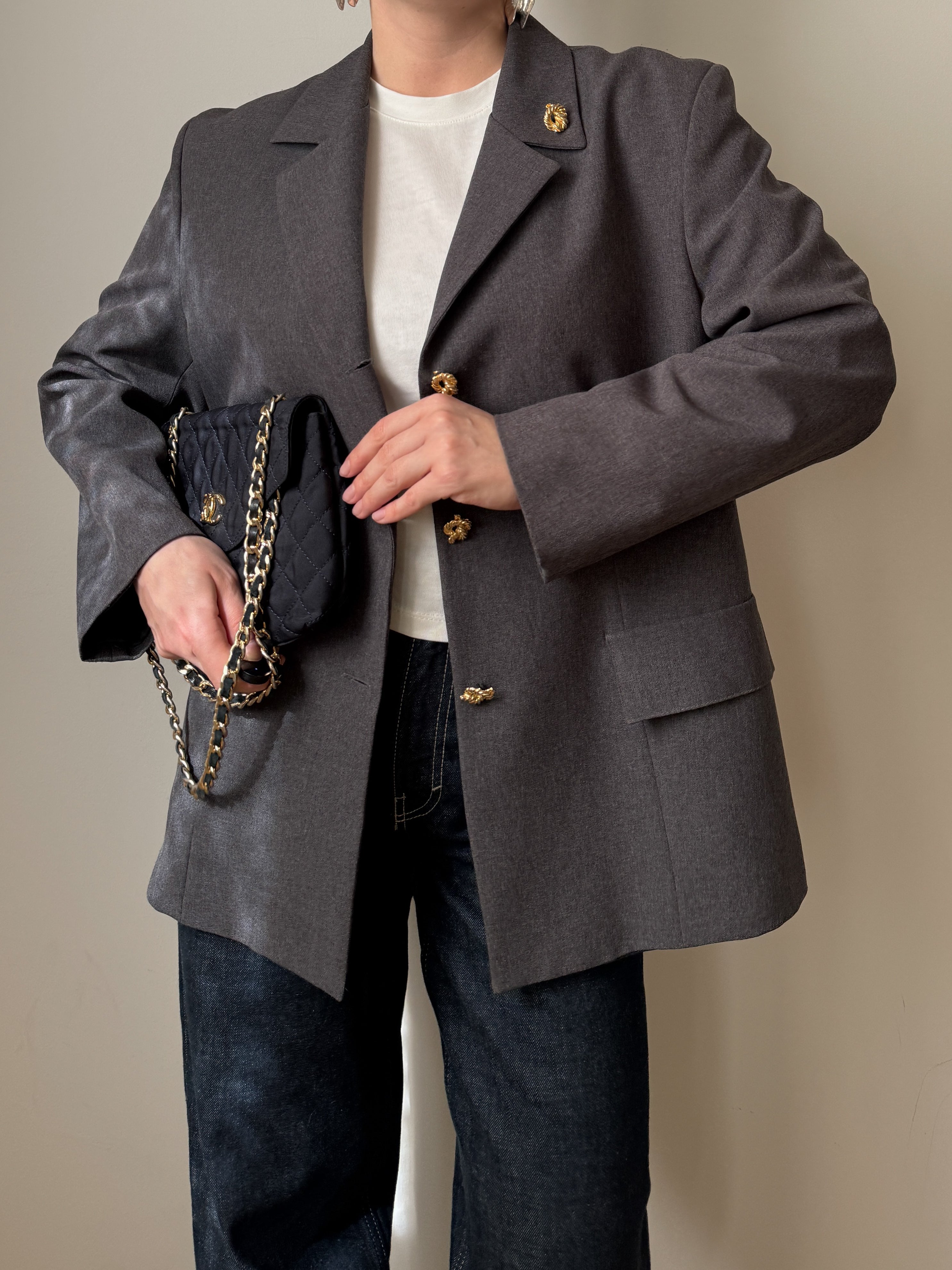 Grey blazer with gold rope buttons