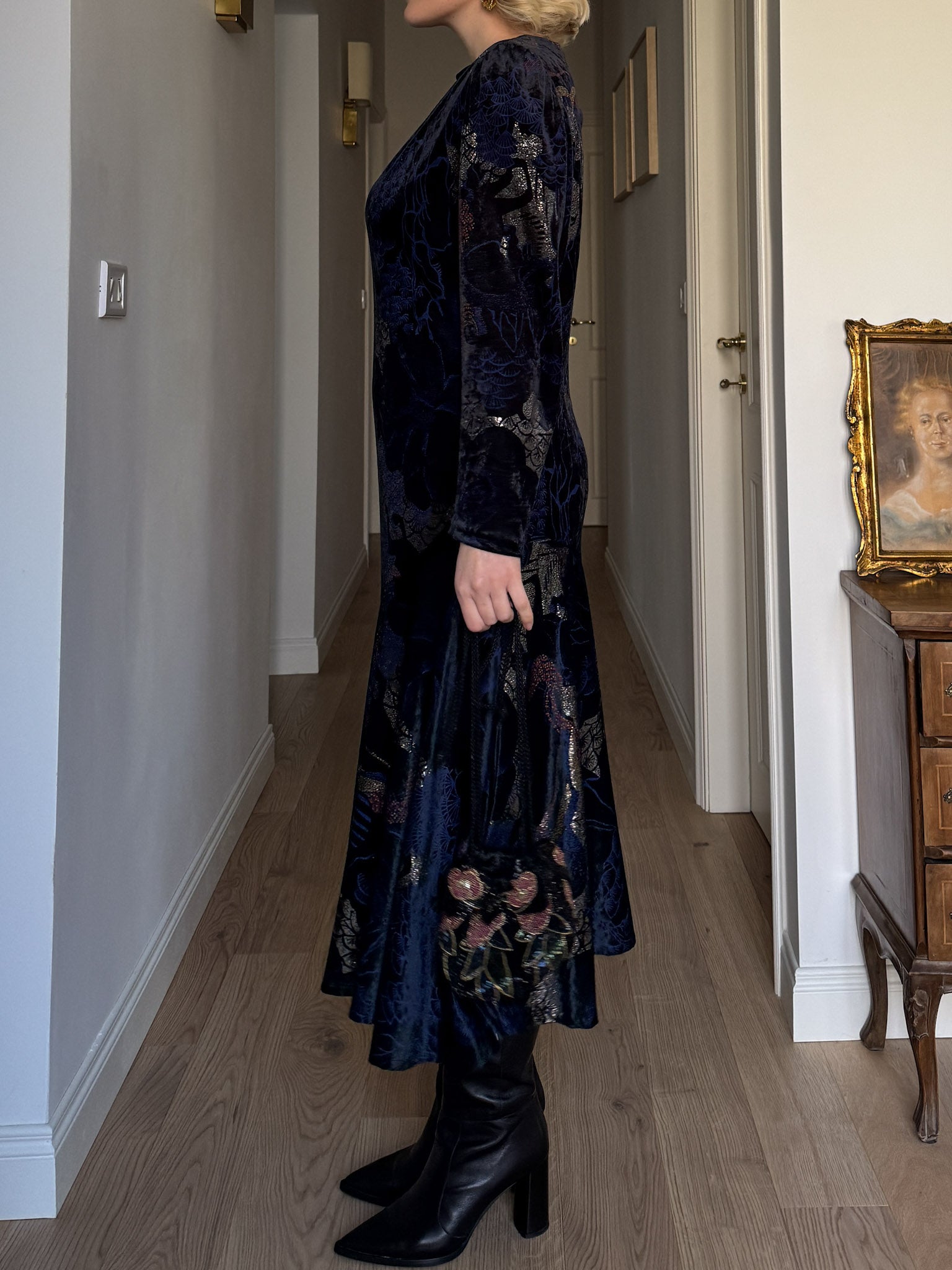 Velvet blue and gold dress
