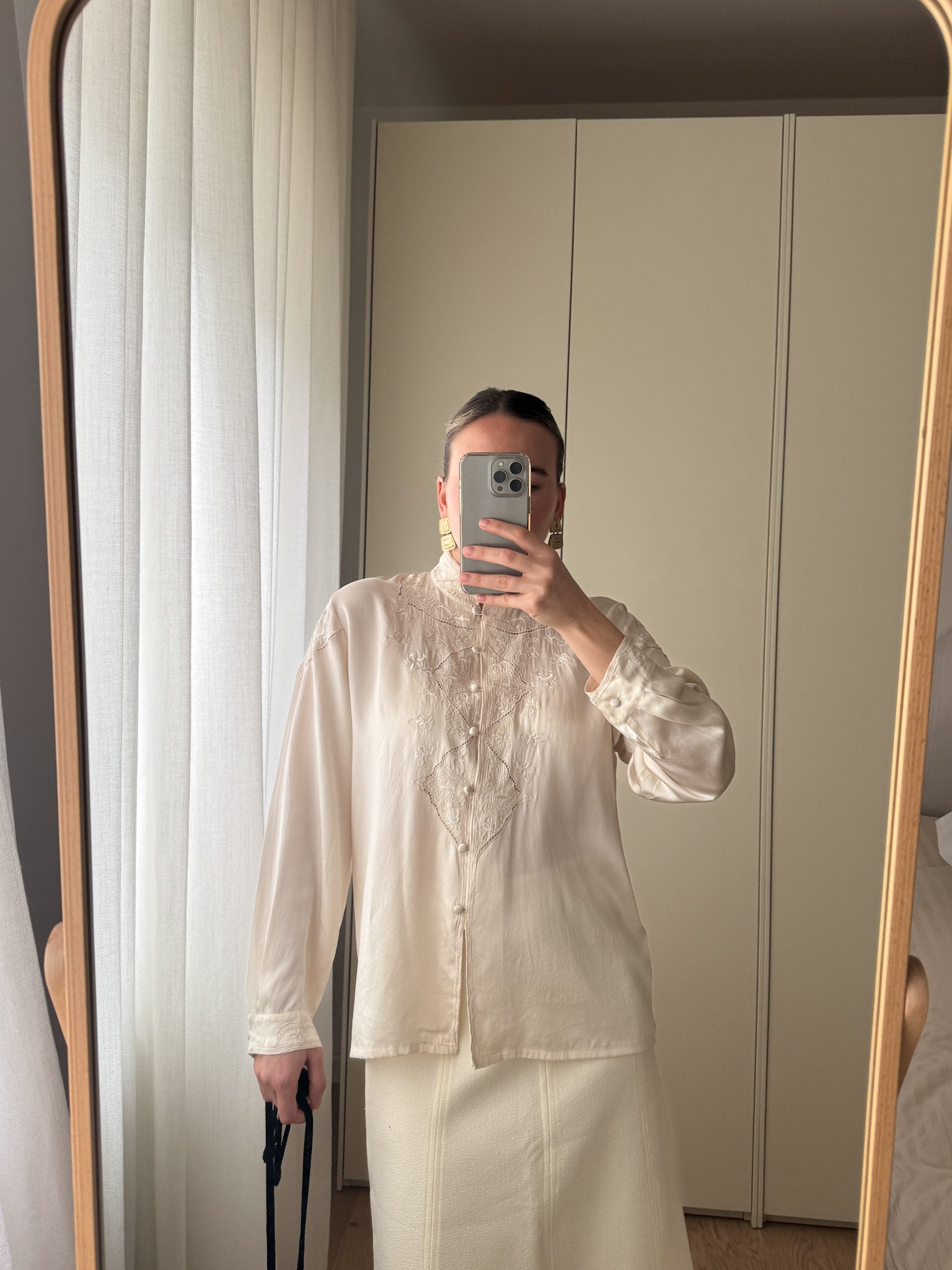 Pure silk embroidered ivory blouse