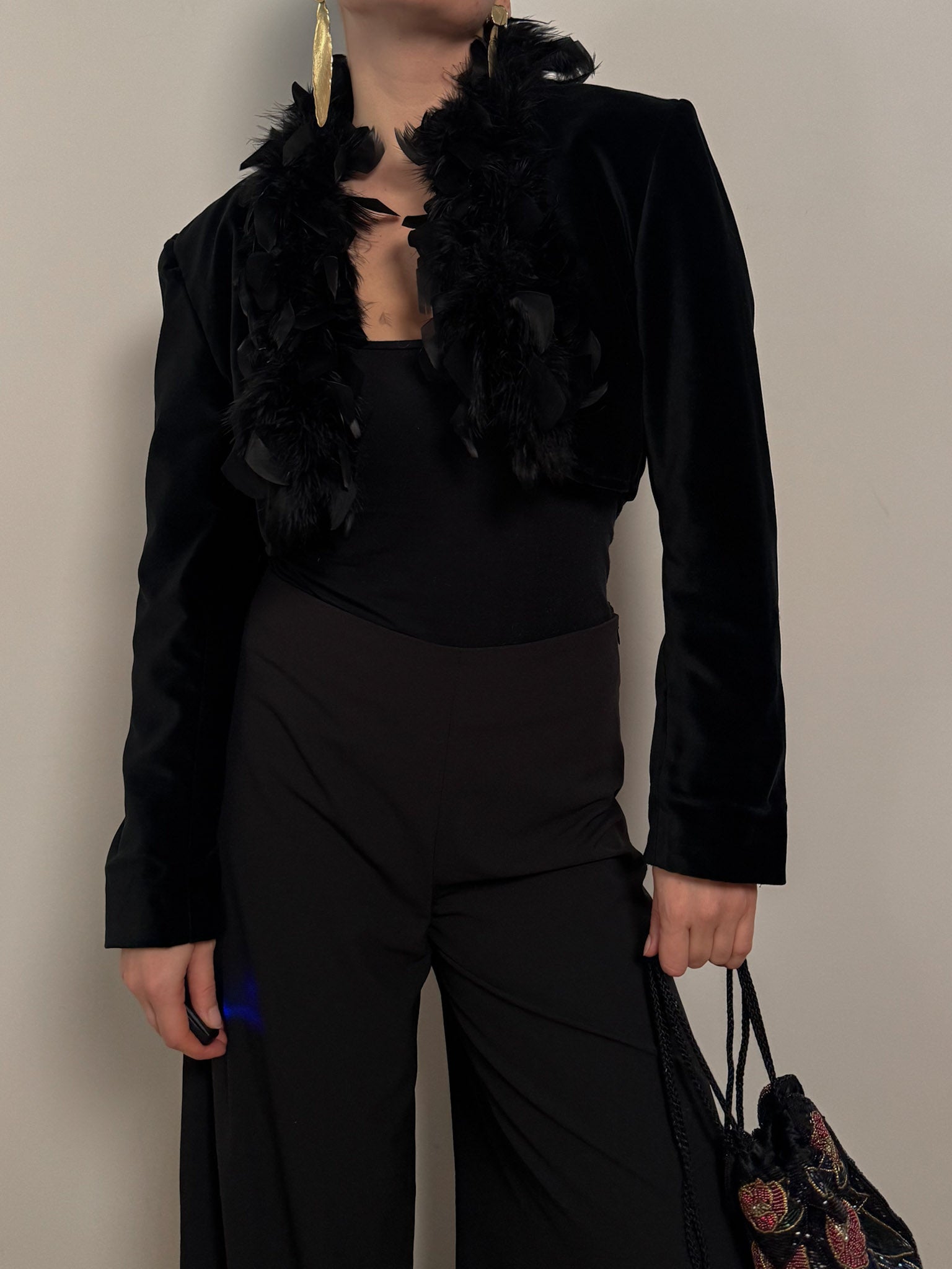 Cotton velvet and feathers black bolero