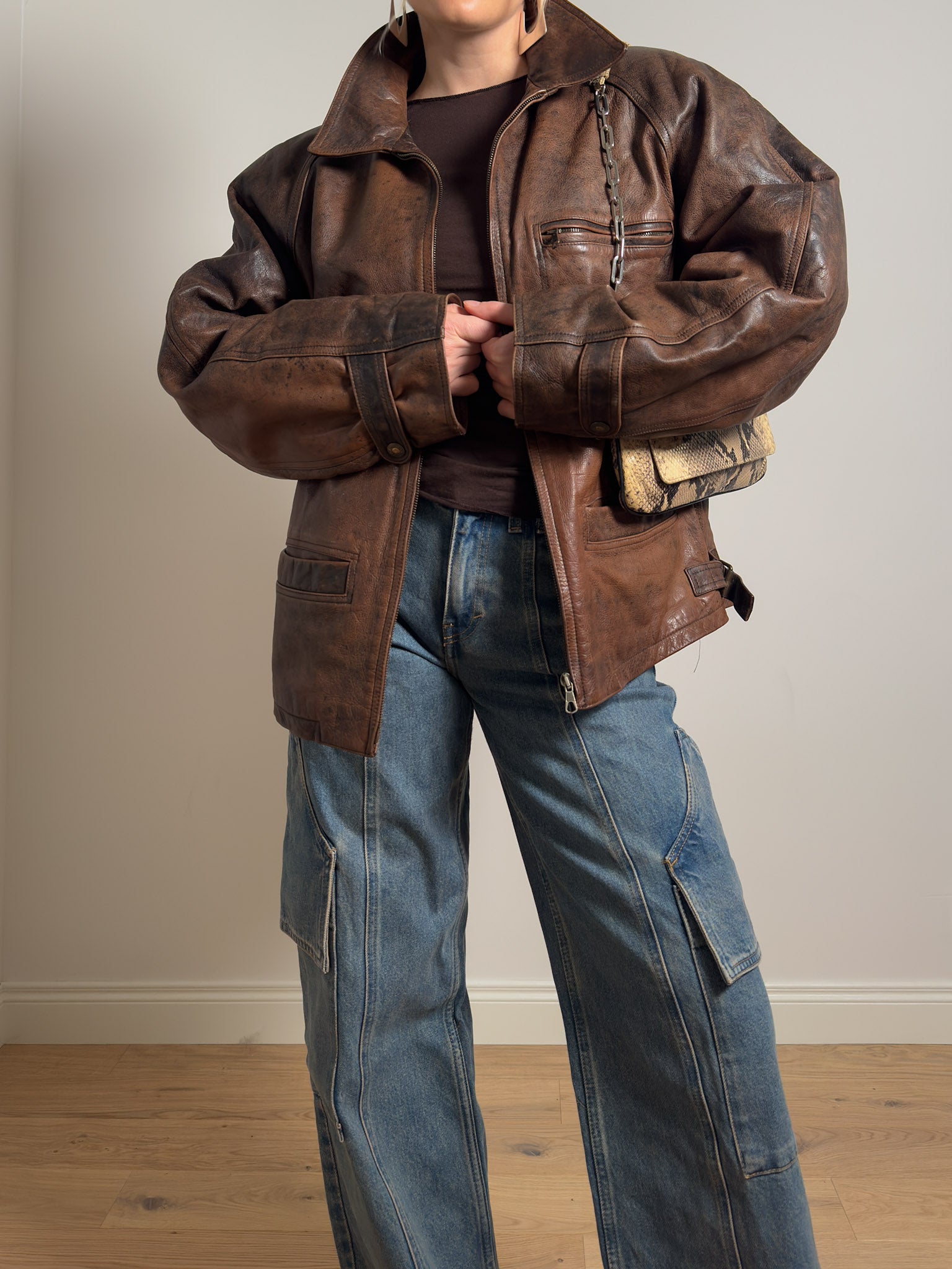 Real leather distressed jacket