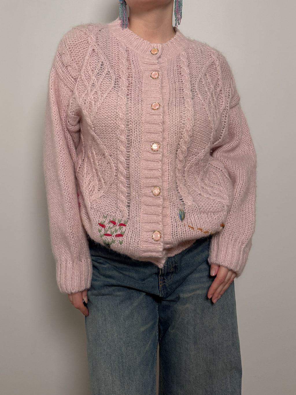 Pure wool embroidered pink cardigan
