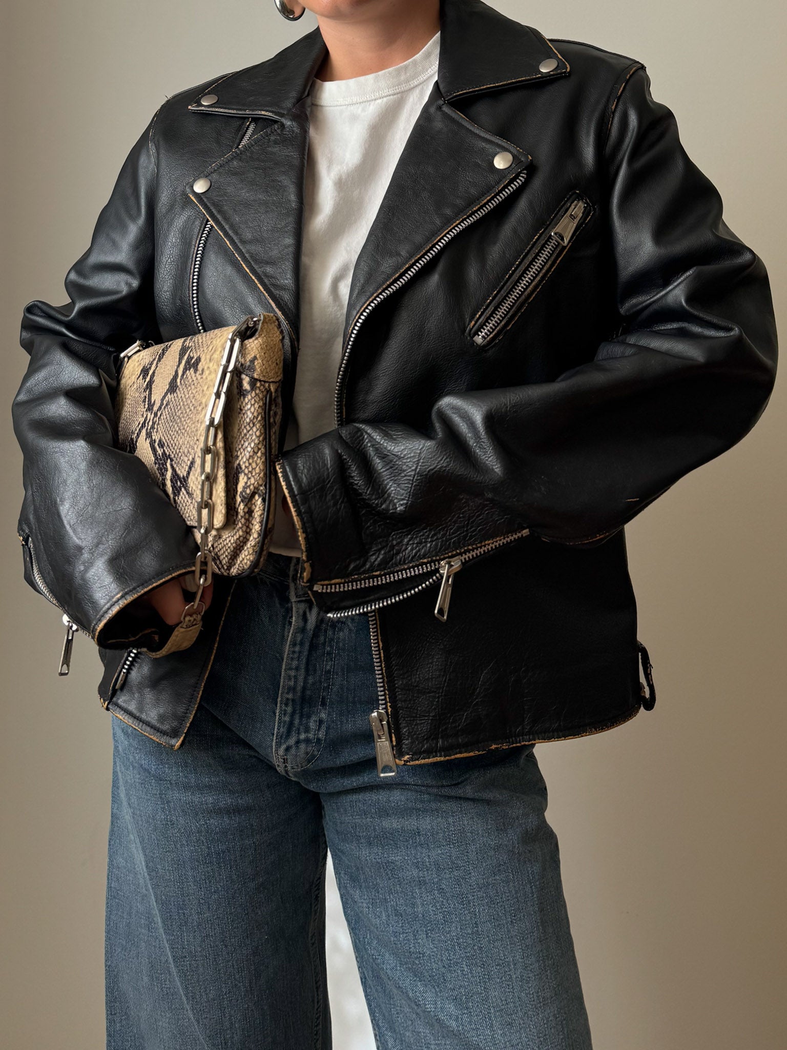 Real leather distressed jacket