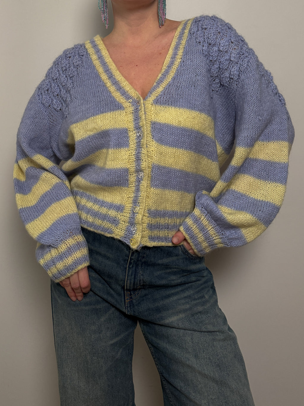 Pure wool embroidered sky and yellow cardigan