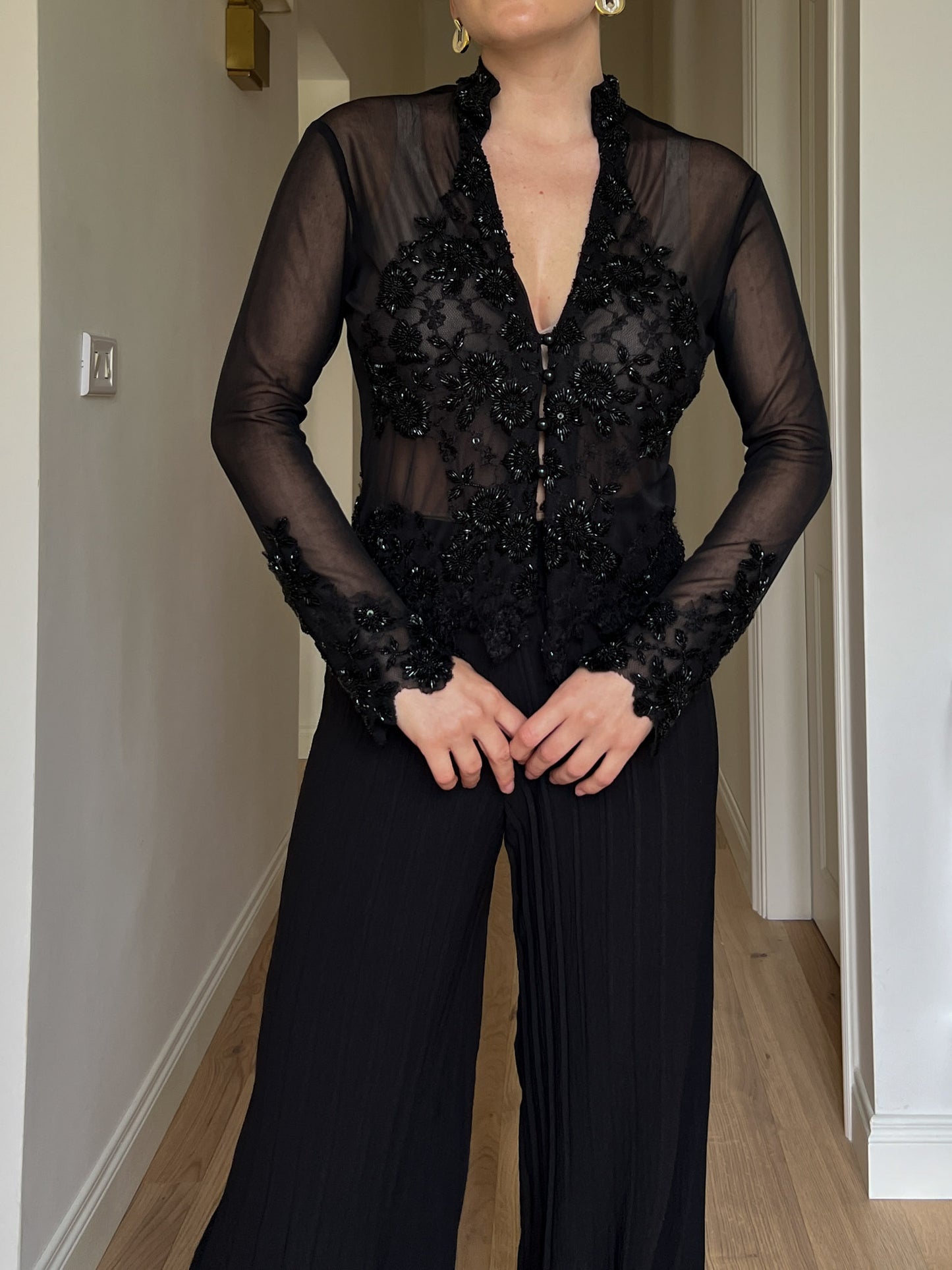 Beads sheer black blouse