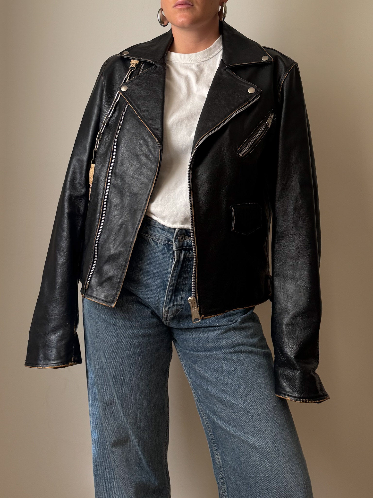 Real leather distressed jacket