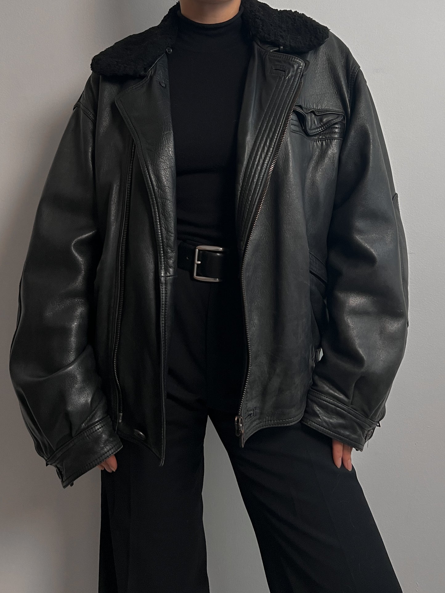 Real leather black aviator jacket