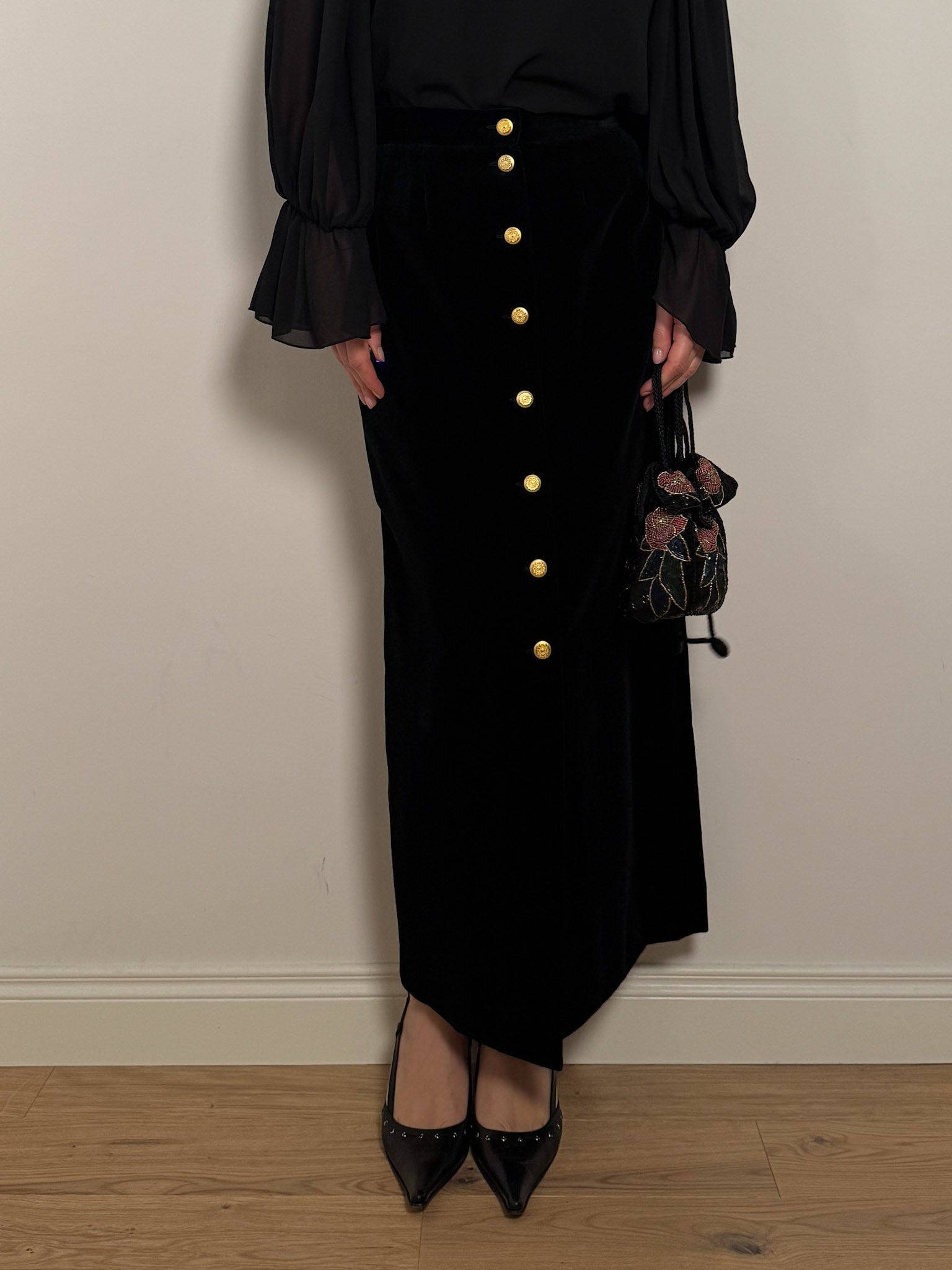 Cotton velvet black long skirt
