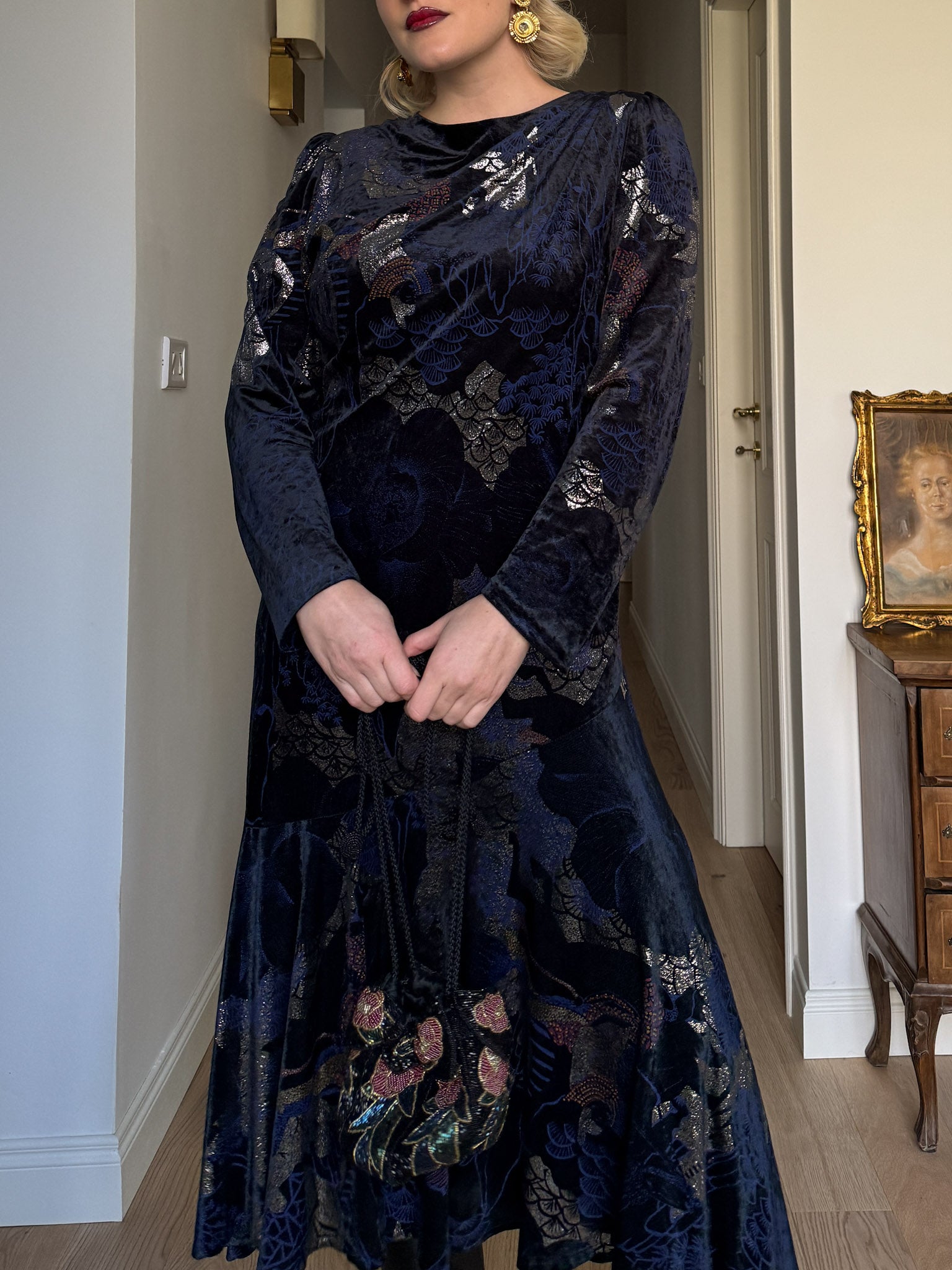Velvet blue and gold dress