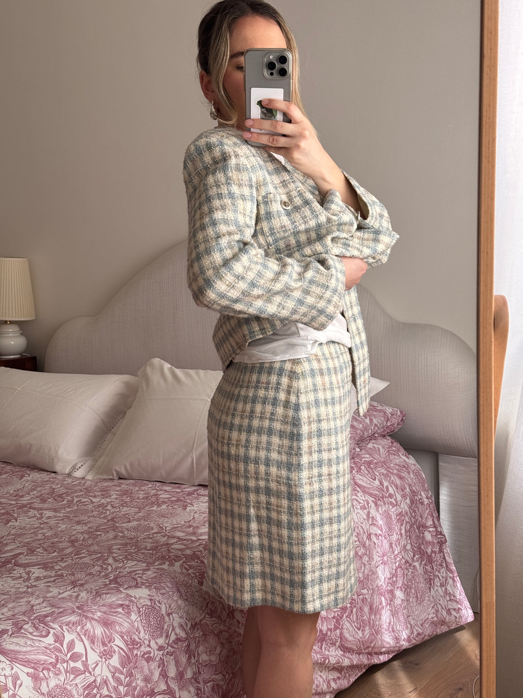 Tweed ivory and sky suit