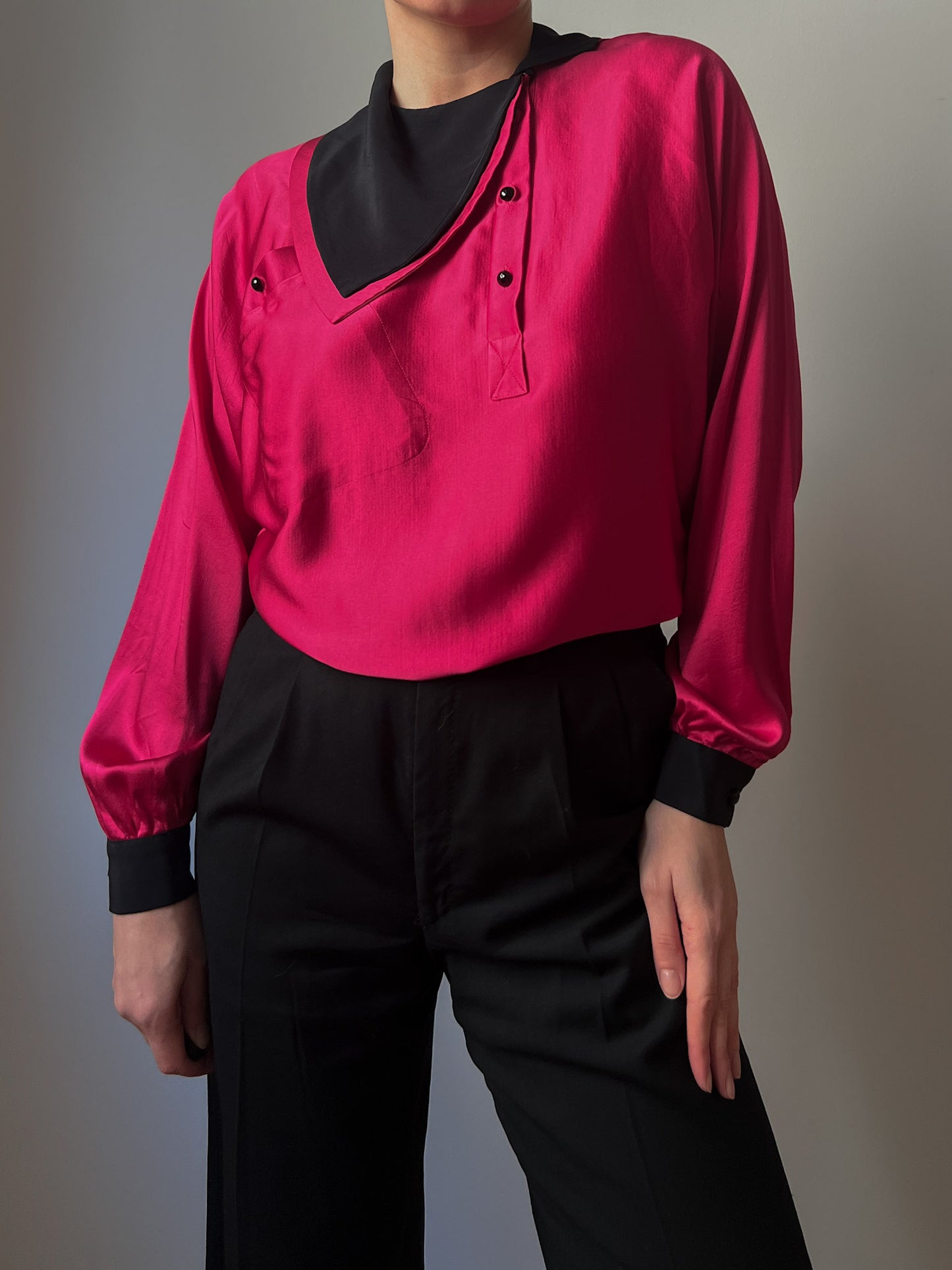 Pure silk black and cyclamen blouse