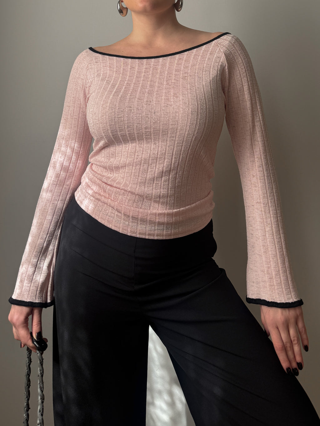 Top a costine vintage in viscosa rosa cipria