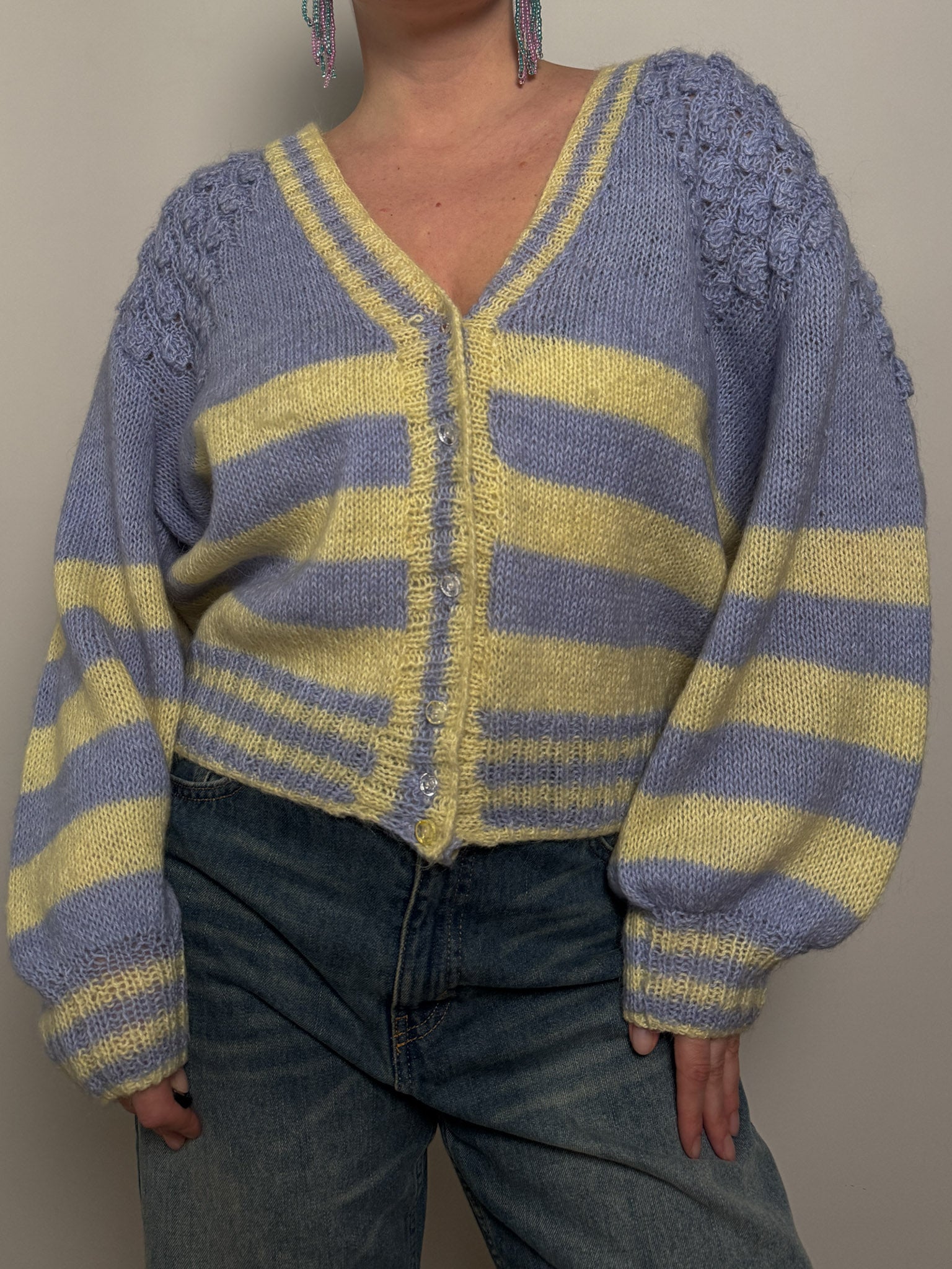 Pure wool embroidered sky and yellow cardigan