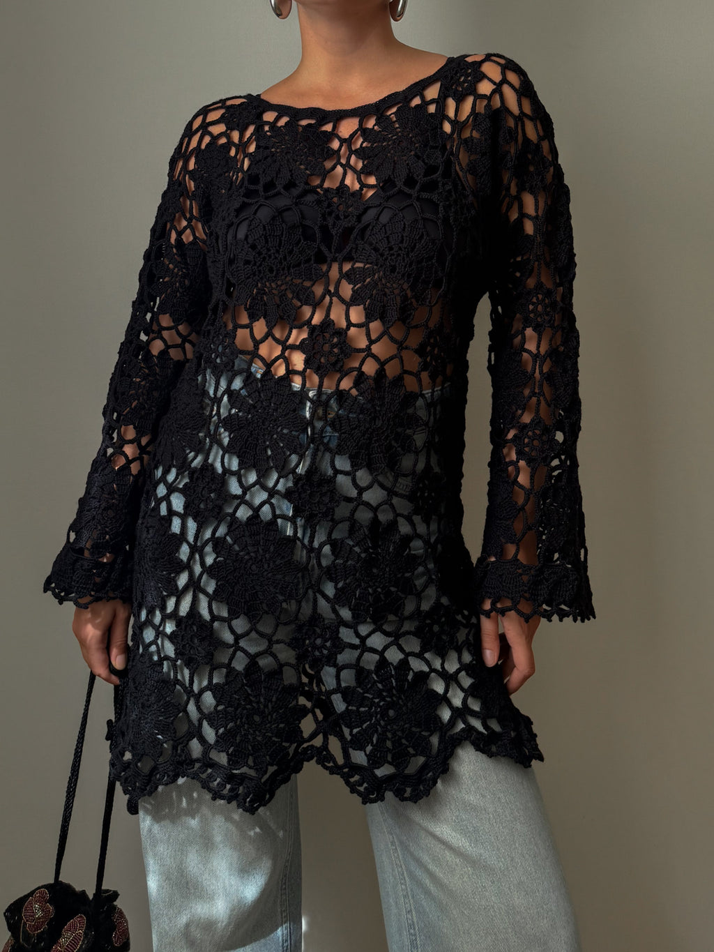 Embroidered crochet black top