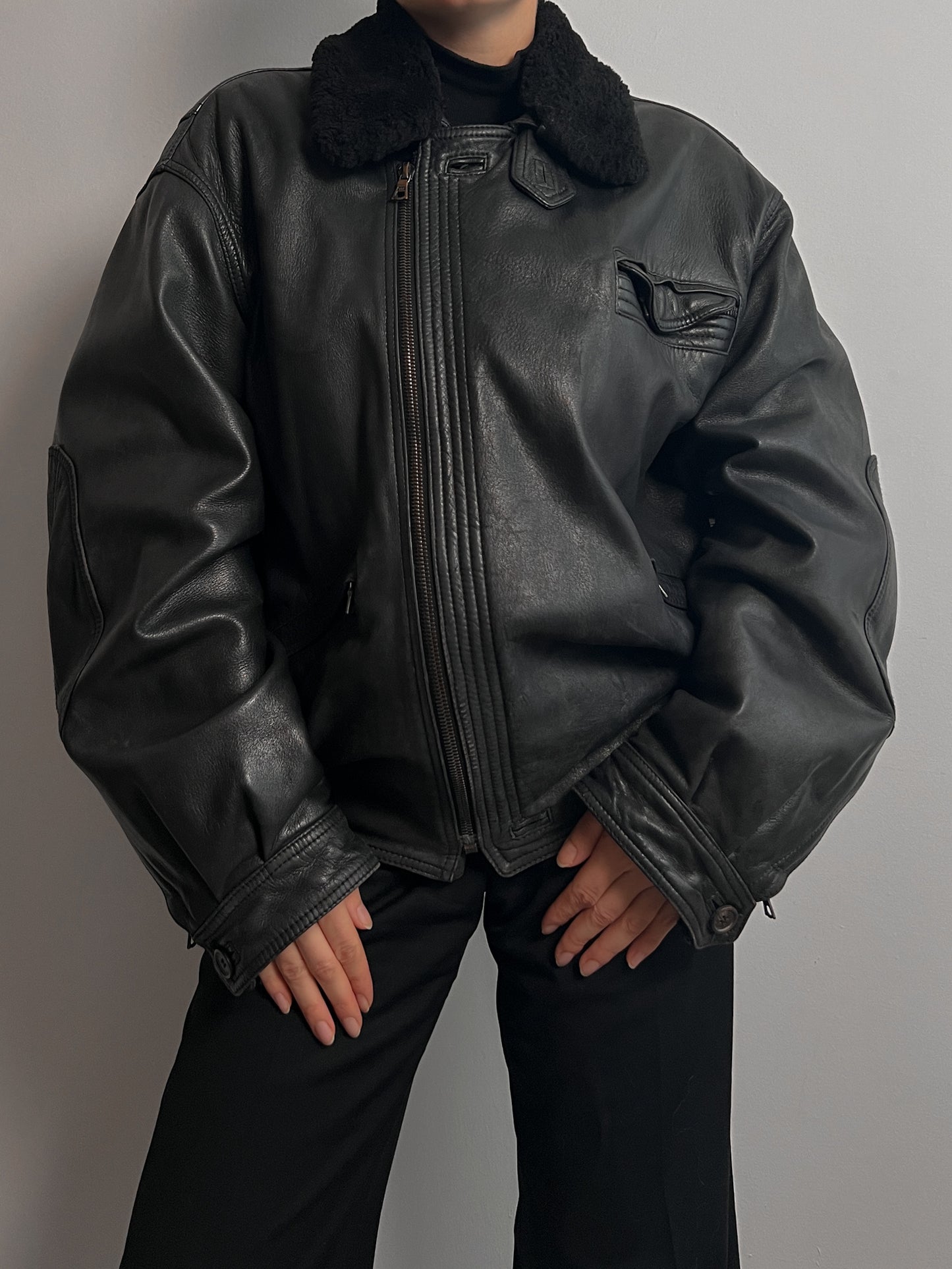 Real leather black aviator jacket