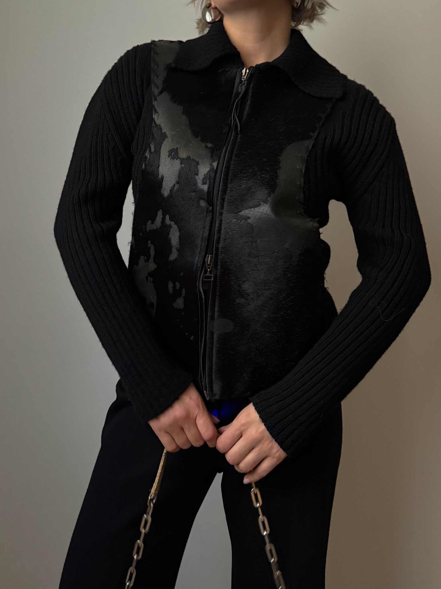 Merino wool and ponyskin cardigan