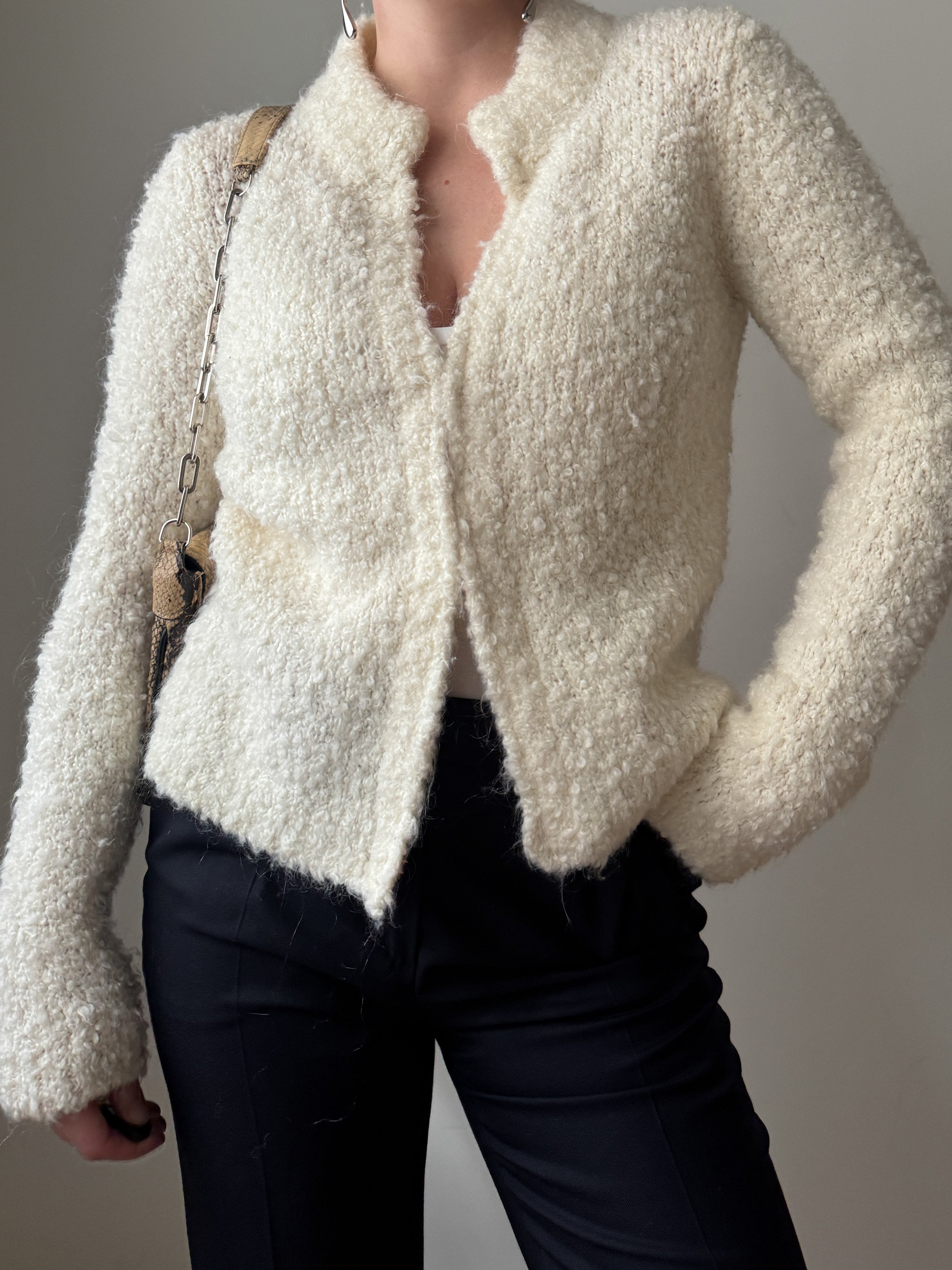Wool and mohair ivory bouclè cardigan