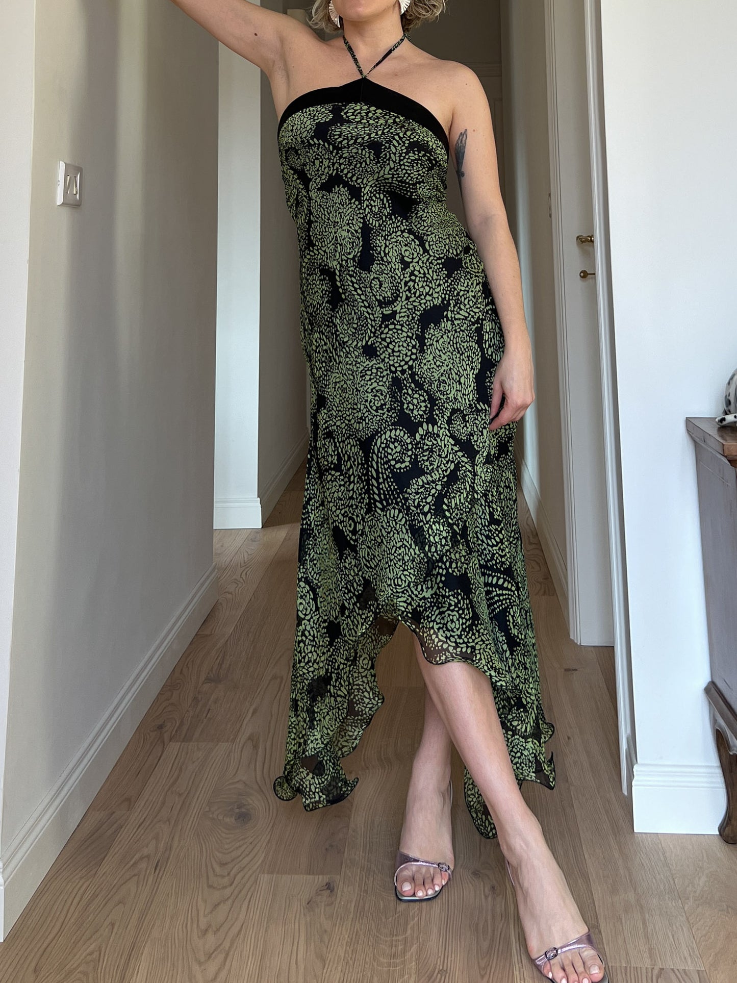 Pure silk black and green dress