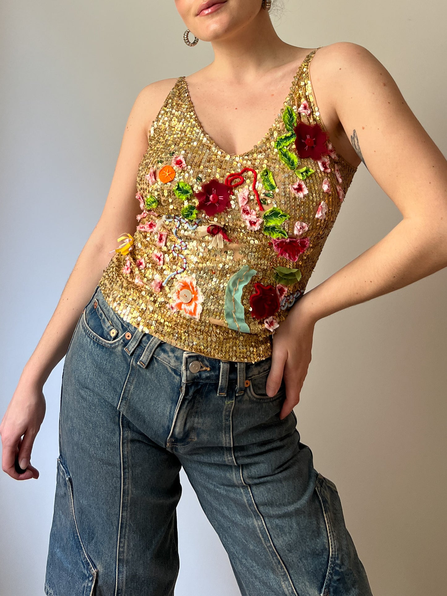 Floral sequins gold top