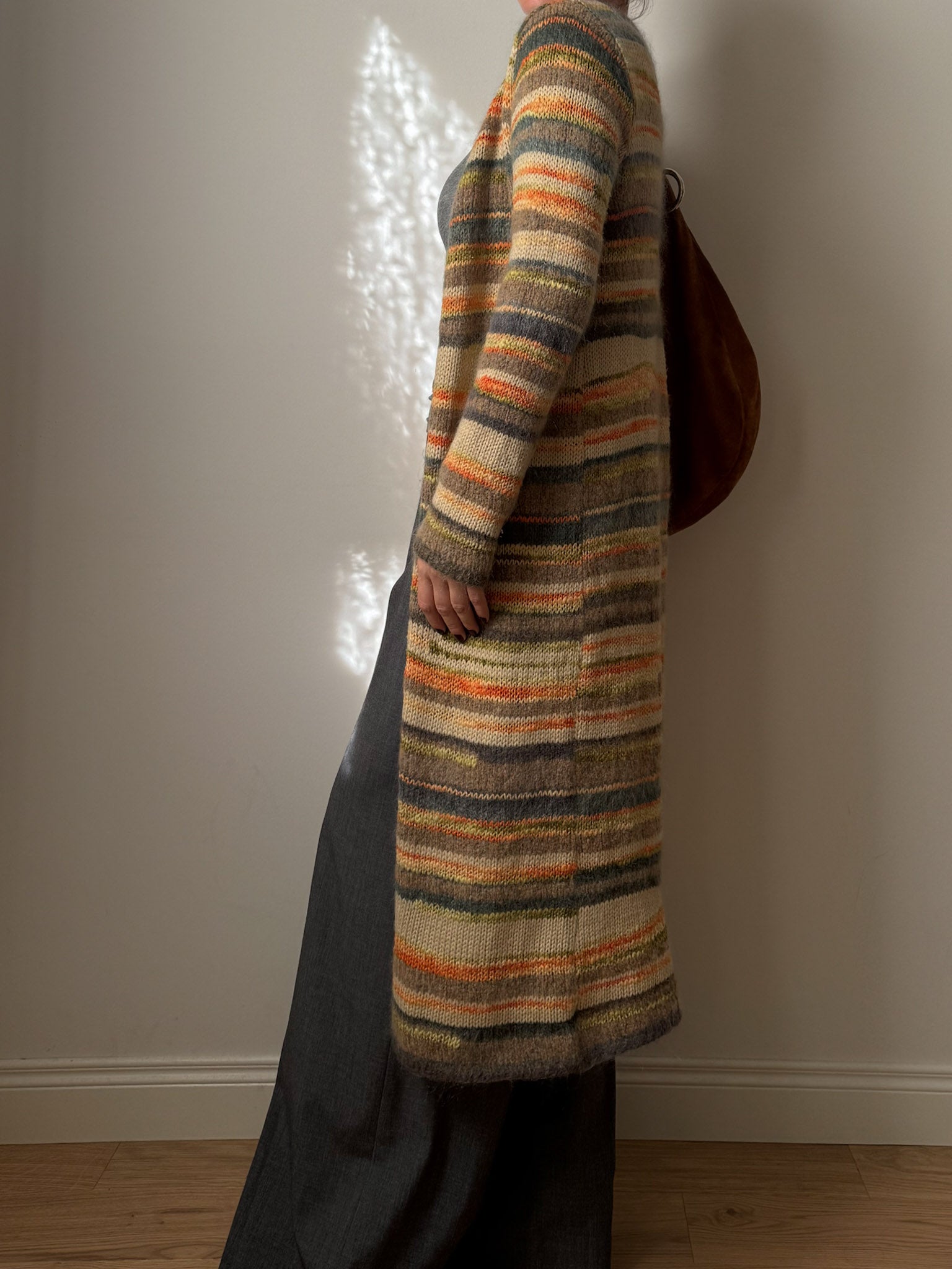 Pure wool embroidered striped long cardigan