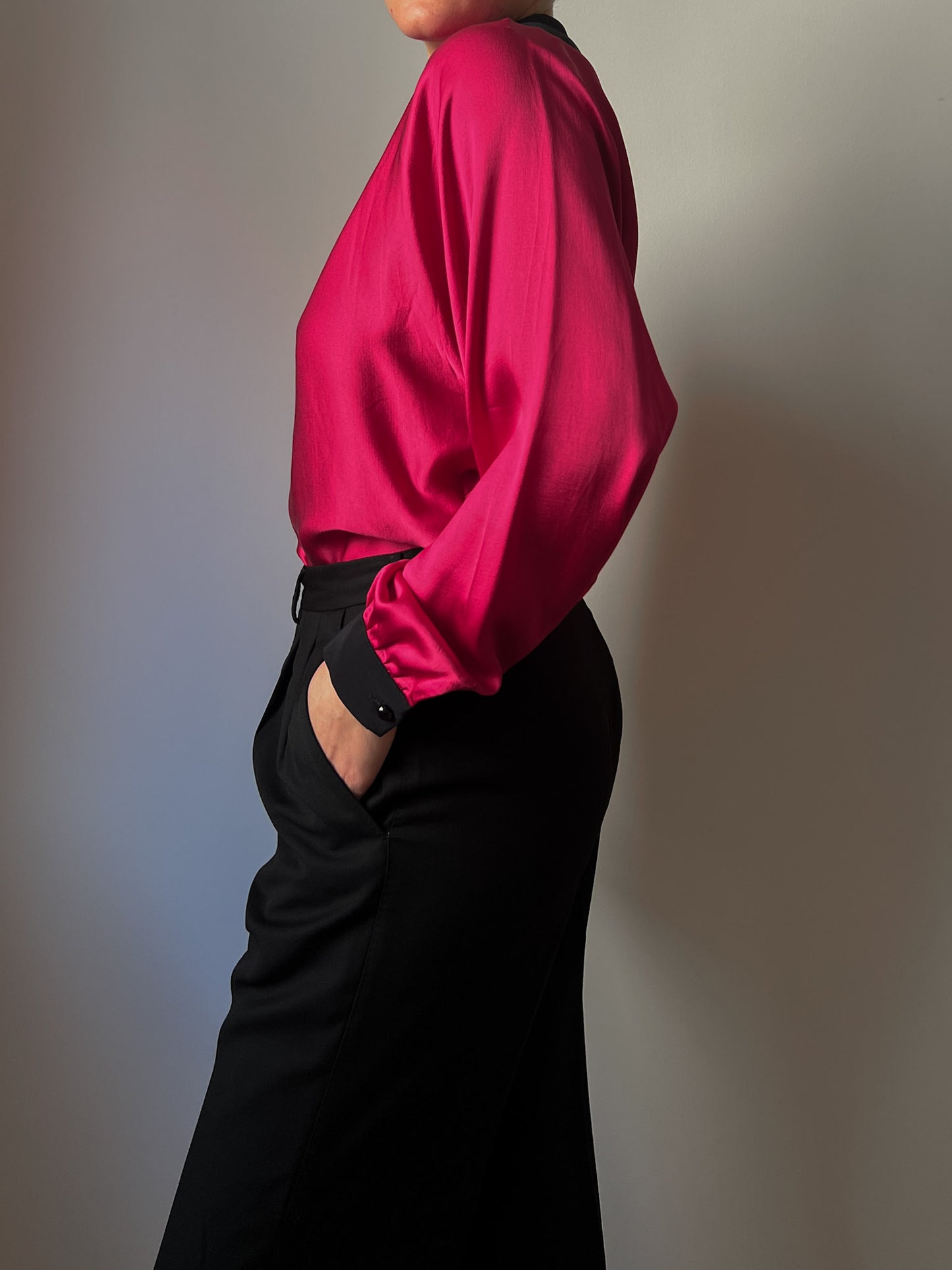 Pure silk black and cyclamen blouse