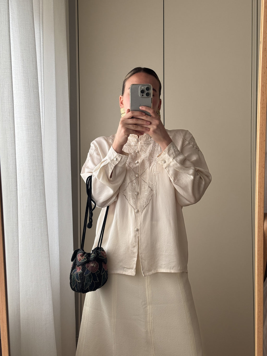 Pure silk embroidered ivory blouse