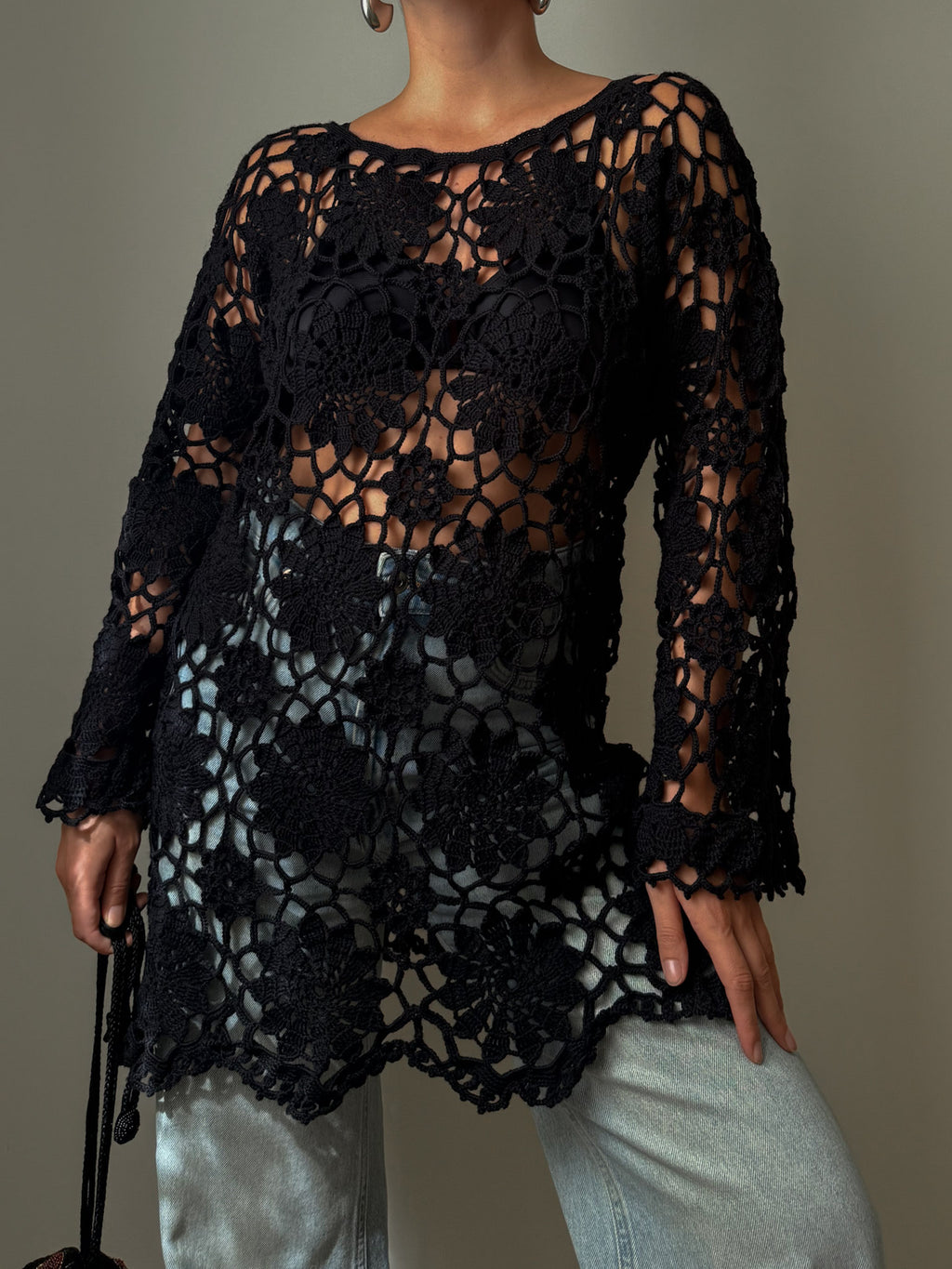 Embroidered crochet black top