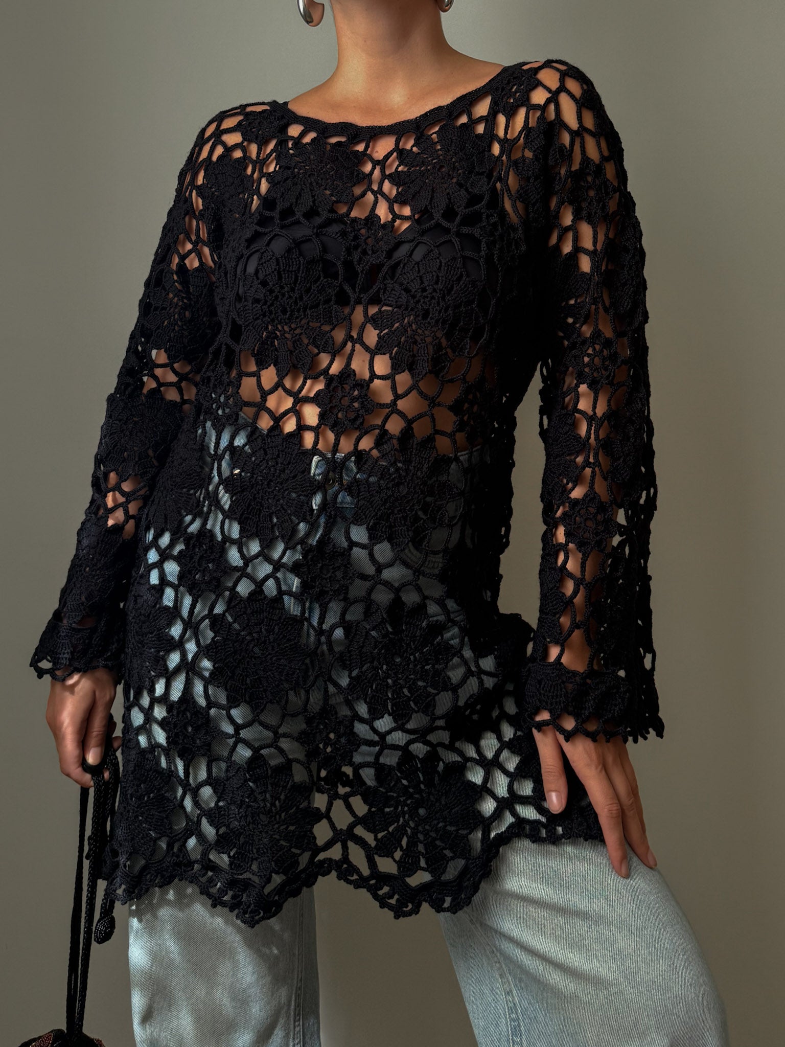 Embroidered crochet black top