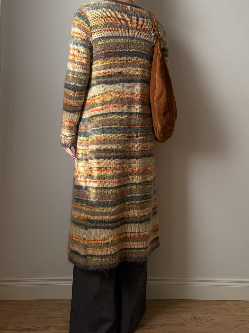 Pure wool embroidered striped long cardigan