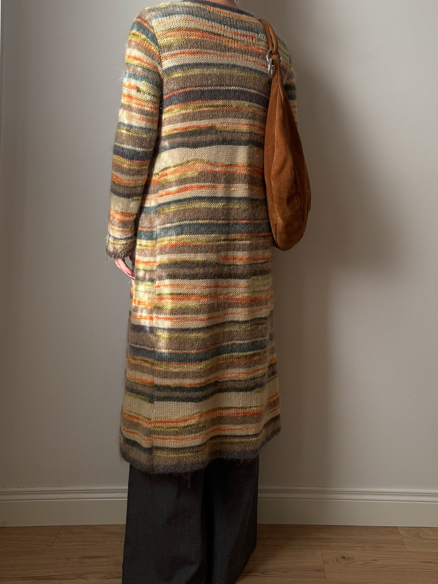 Pure wool embroidered striped long cardigan