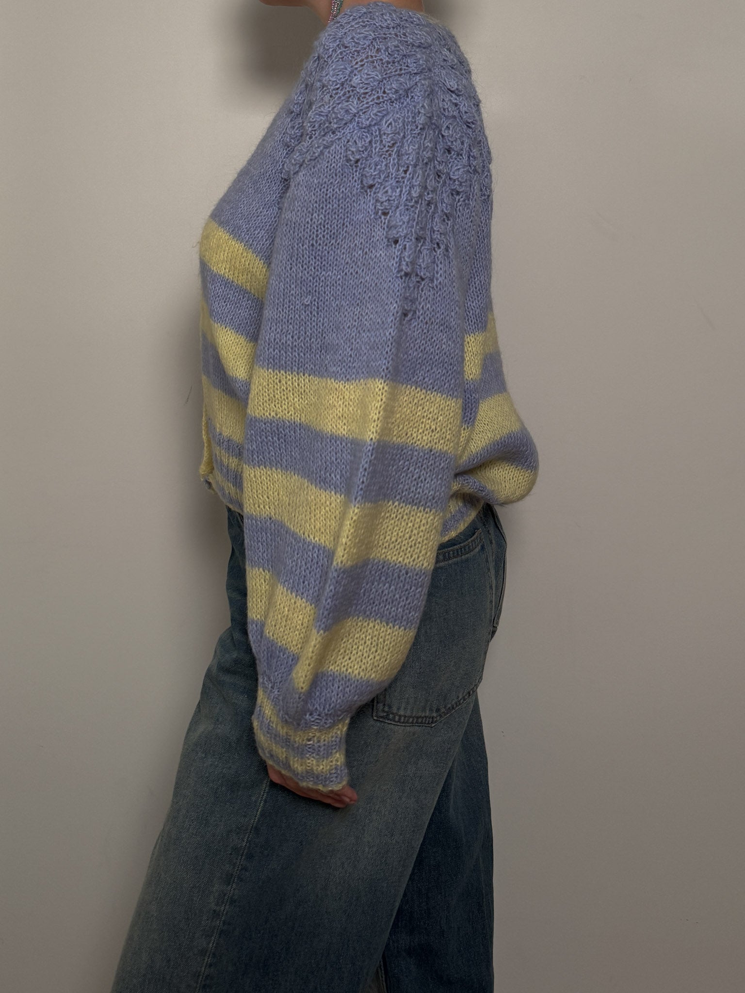 Pure wool embroidered sky and yellow cardigan