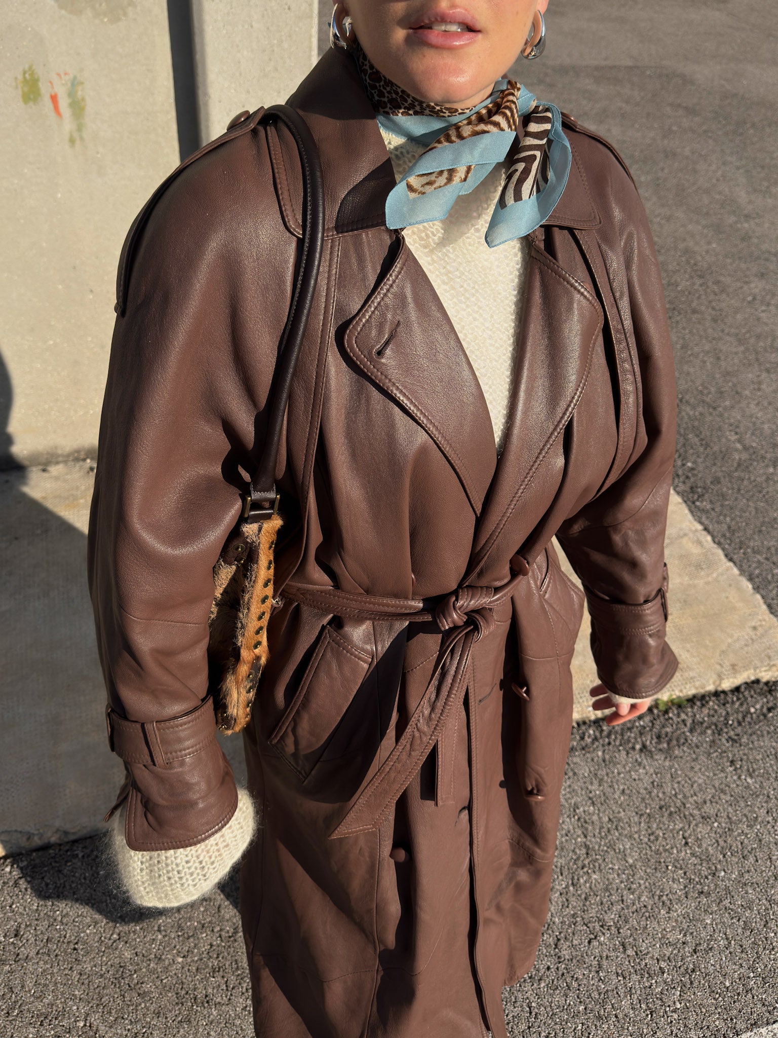 Genuin leather chocolate trench coat