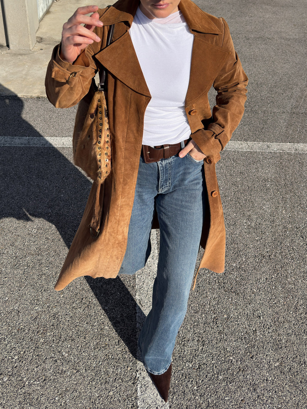 Real suede caramel trench coat