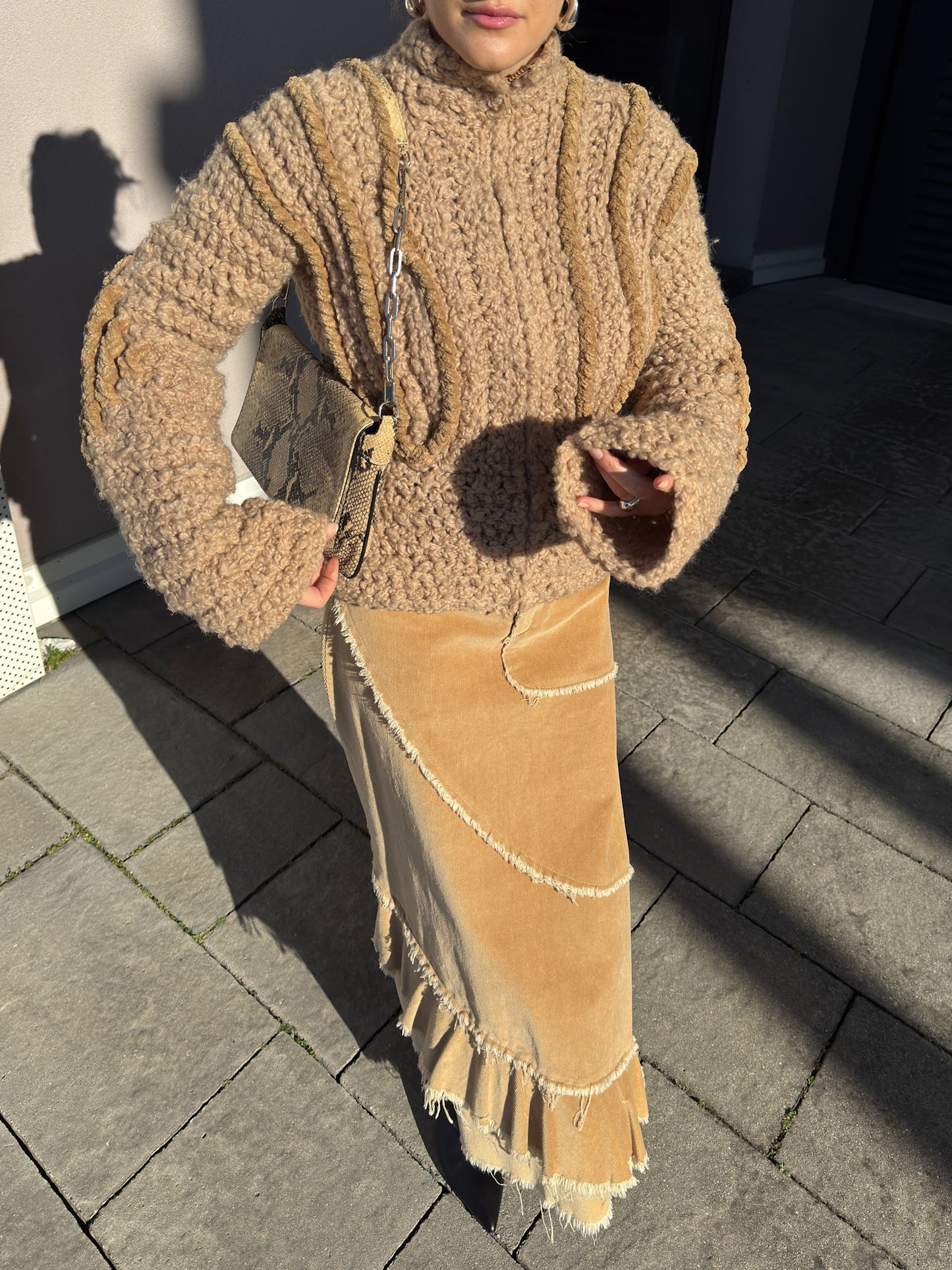 Velvet camel long skirt