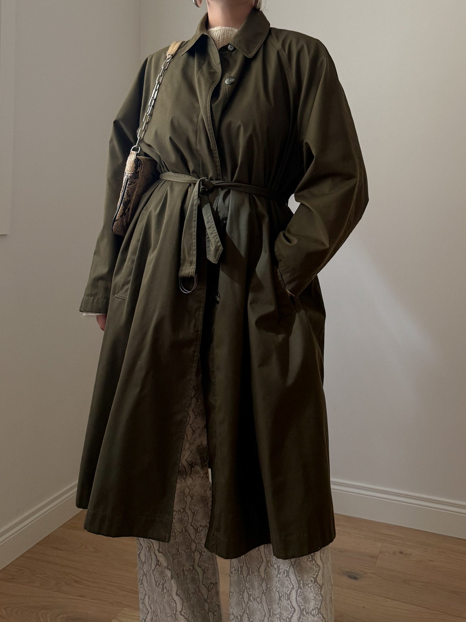 Cotton kaki green long trench